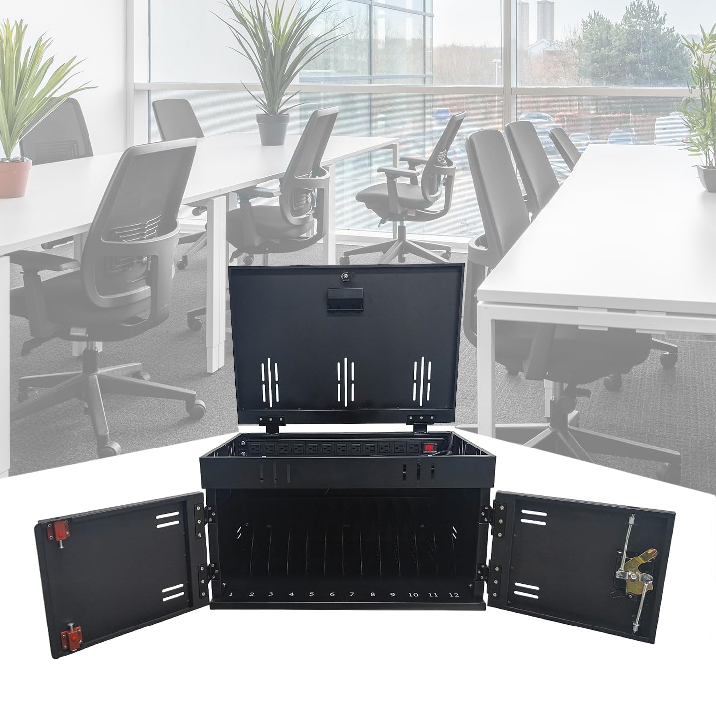 12-Port Lockable Charging Station for Laptops & Tablets - Portable Charging Cabinet with Cable Management - Fits 17in Laptops & Chromebooks - Ideal for Classroom, Library, Office & Home Use (Black)