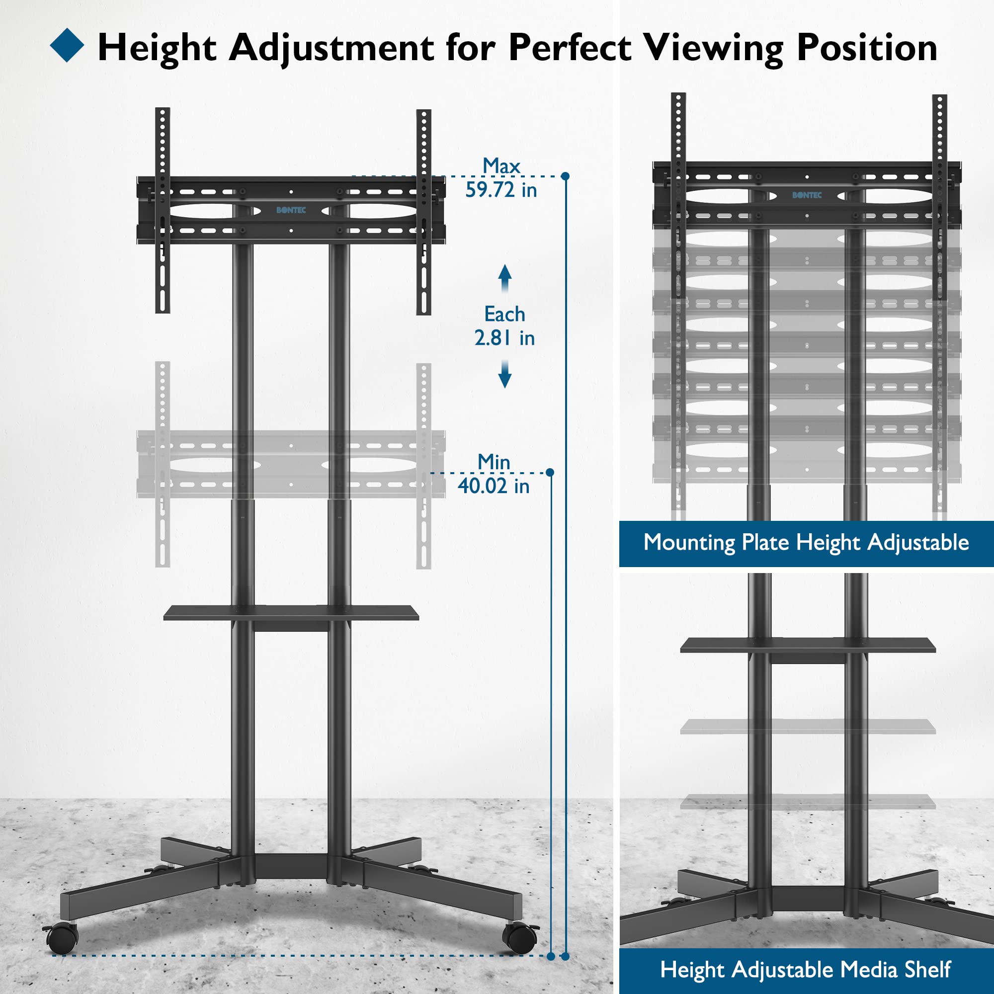BONTEC Mobile TV Stand Cart with Locking Wheels - Adjustable Height TV Floor Stand for 32-85 Inch LED, LCD, OLED Flat & Curved Screens - Max VESA 600x400mm & 132lbs Capacity - Includes Laptop Shelf - Perfect for Living Room, Bedroom, Office & Classroom (Black)