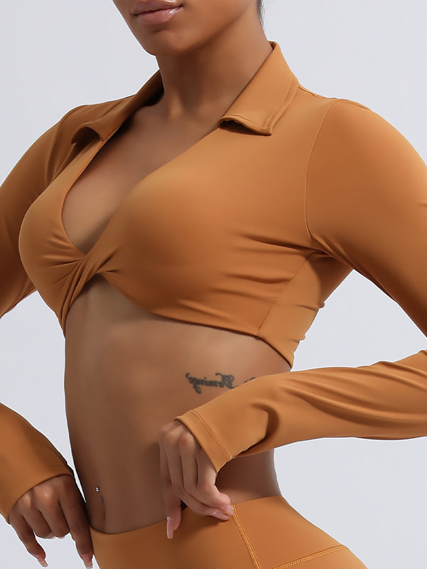 ZASUWA Women's Twist Front Breathable Yoga Top with Built-in Chest Pads - Long Sleeve Workout Shirt for Yoga, Pilates & Gym Training