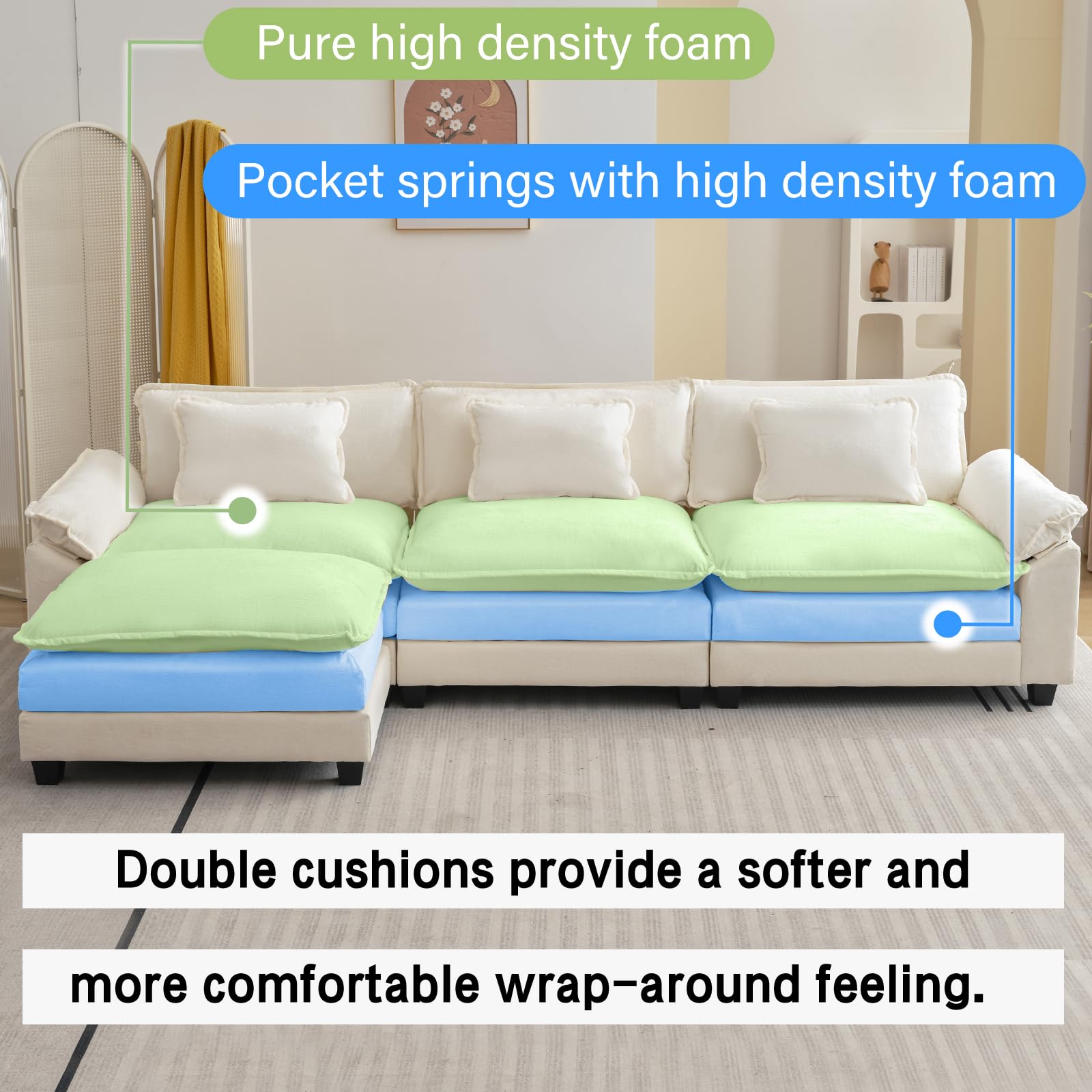 Modular Sectional Sofa with Ottoman - Cloud Couch Deep Seat Sleeper Sofa in Soft Chenille Fabric, Includes Throw Pillows - L-Shaped 120