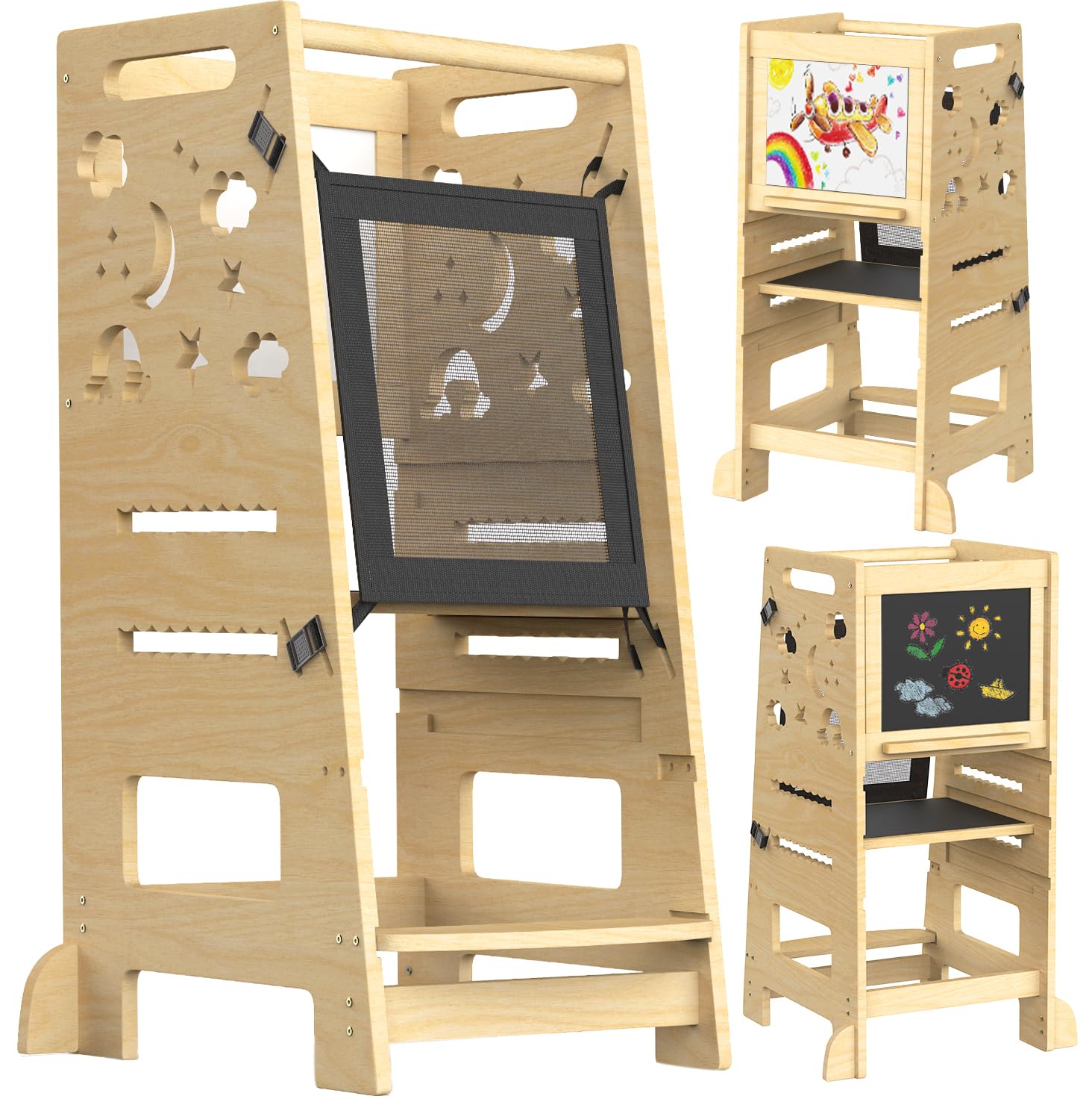 Natural Wood Adjustable Height Toddler Tower with Safety Rail - Montessori Learning Step Stool for Kids, Perfect for Kitchen Counter & Bathroom Use, Ideal for Cooking, Baking & Handwashing Activities