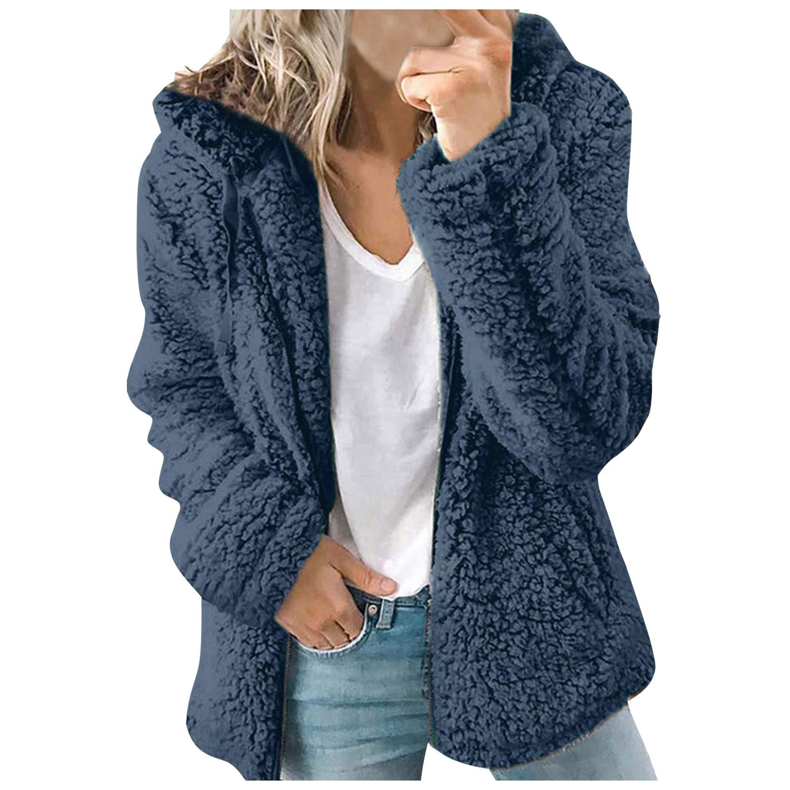 Women's Warm Plush Hooded Cardigan Jacket with Zipper - Cozy Casual Fashion Coat for Winter Outfits & Layering