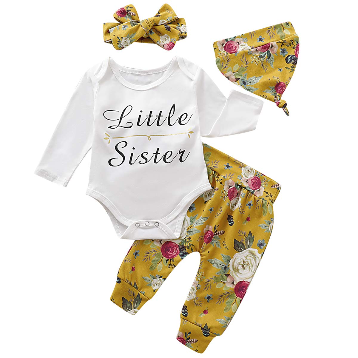 4Pcs Newborn Baby Girl Outfits - Long Sleeve Romper Floral Pants with Headband & Hat - Fall Clothes Set for Photoshoot, Birthday Party & Family Gathering