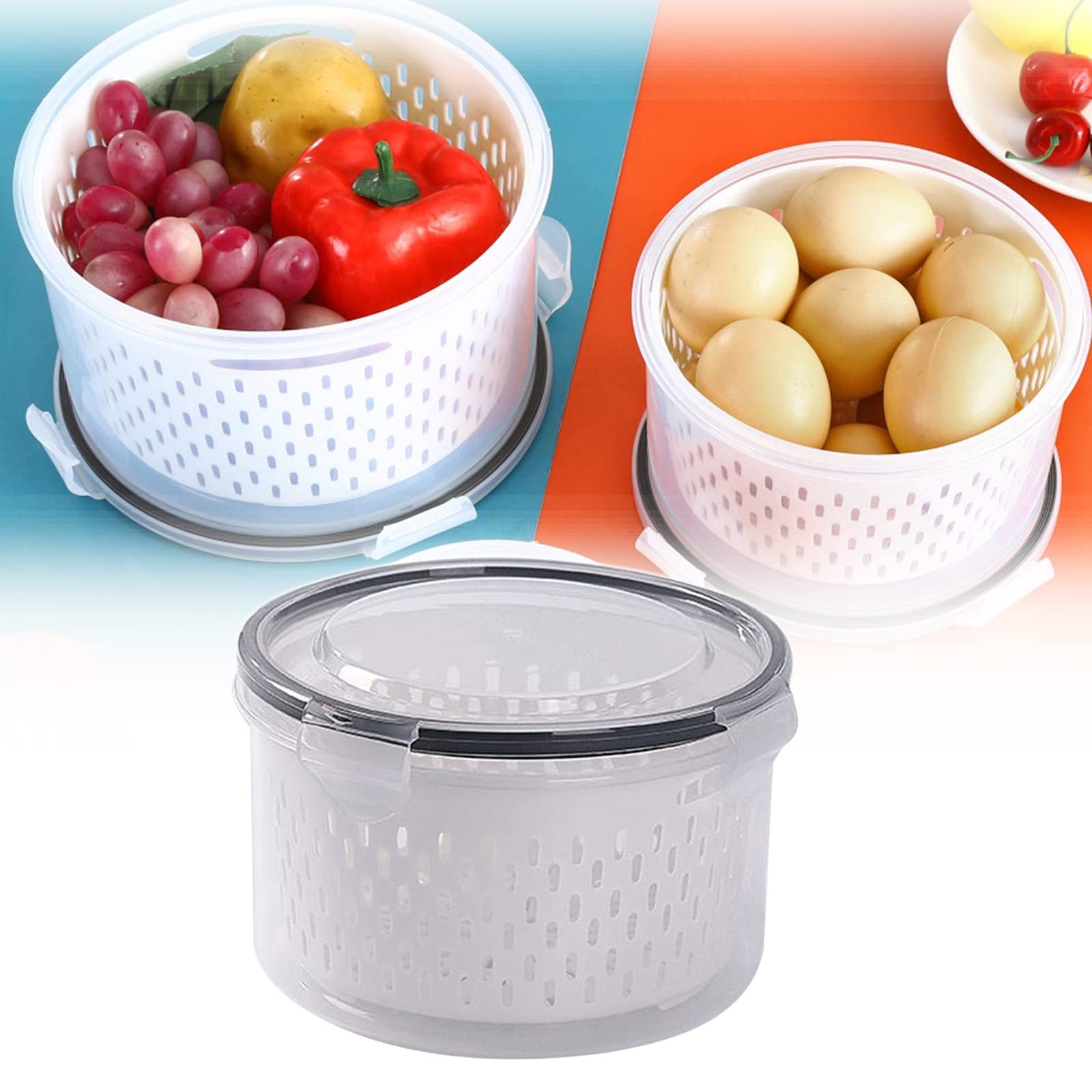 BPA-Free 3-in-1 Fruit and Vegetable Storage Containers for Refrigerator - 550ML Round Produce Saver with Drain Colander & Lid - Perfect for Fresh Salad, Meat Storage and Kitchen Organization
