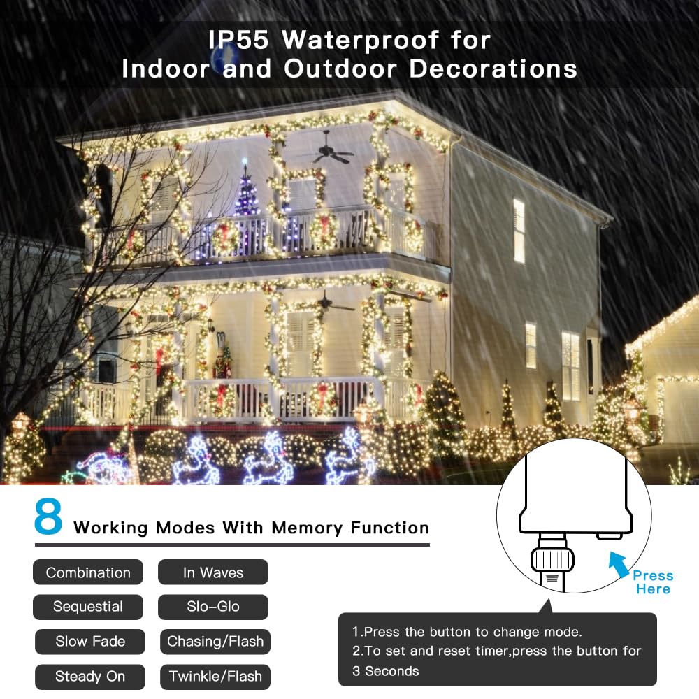 AmyHomie 108Ft 300LED Warm White Christmas String Lights - 8 Modes Waterproof Fairy Lights for Indoor/Outdoor Decor - Perfect for Christmas Trees, Home, Patio, Garden, Party & Wedding Decorations