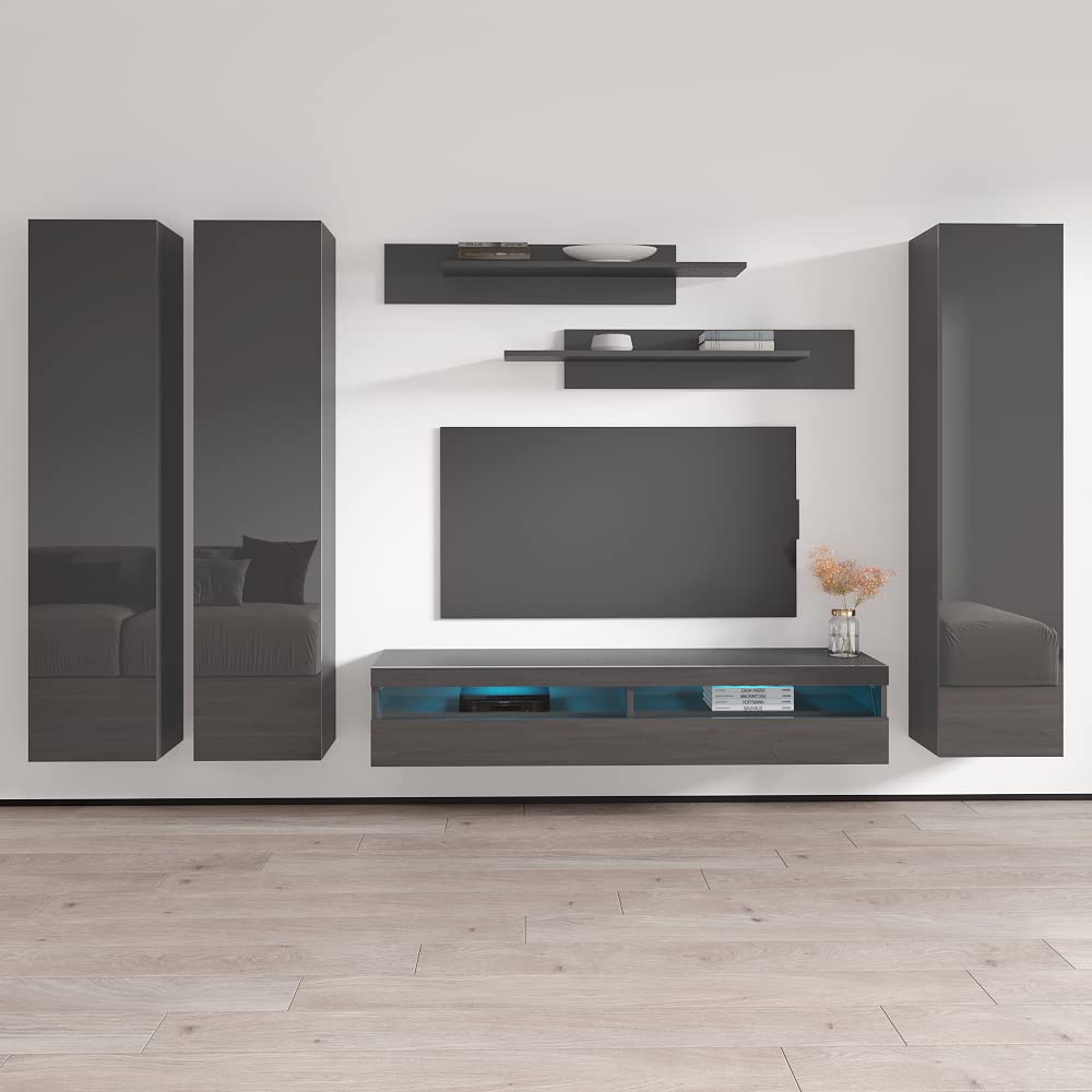 Modern Wall-Mounted TV Stand with Storage Shelves & LED Lights - 35