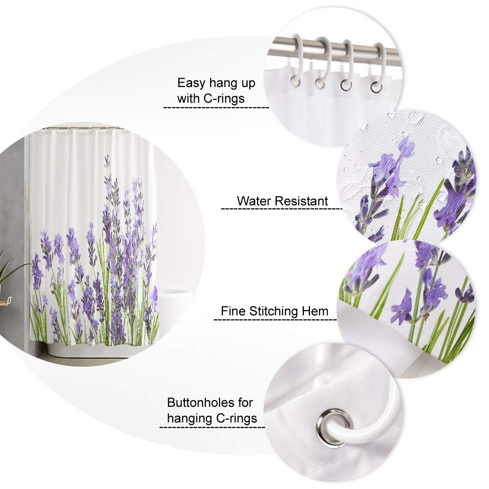 Waterproof Lavender Flower Shower Curtain Set - 66 x 72 Inch Purple Bathroom Decor with Hooks, Washable Fabric Bath Accessories for Home & Hotel Use - Perfect for Spa-Like Bathroom Makeovers