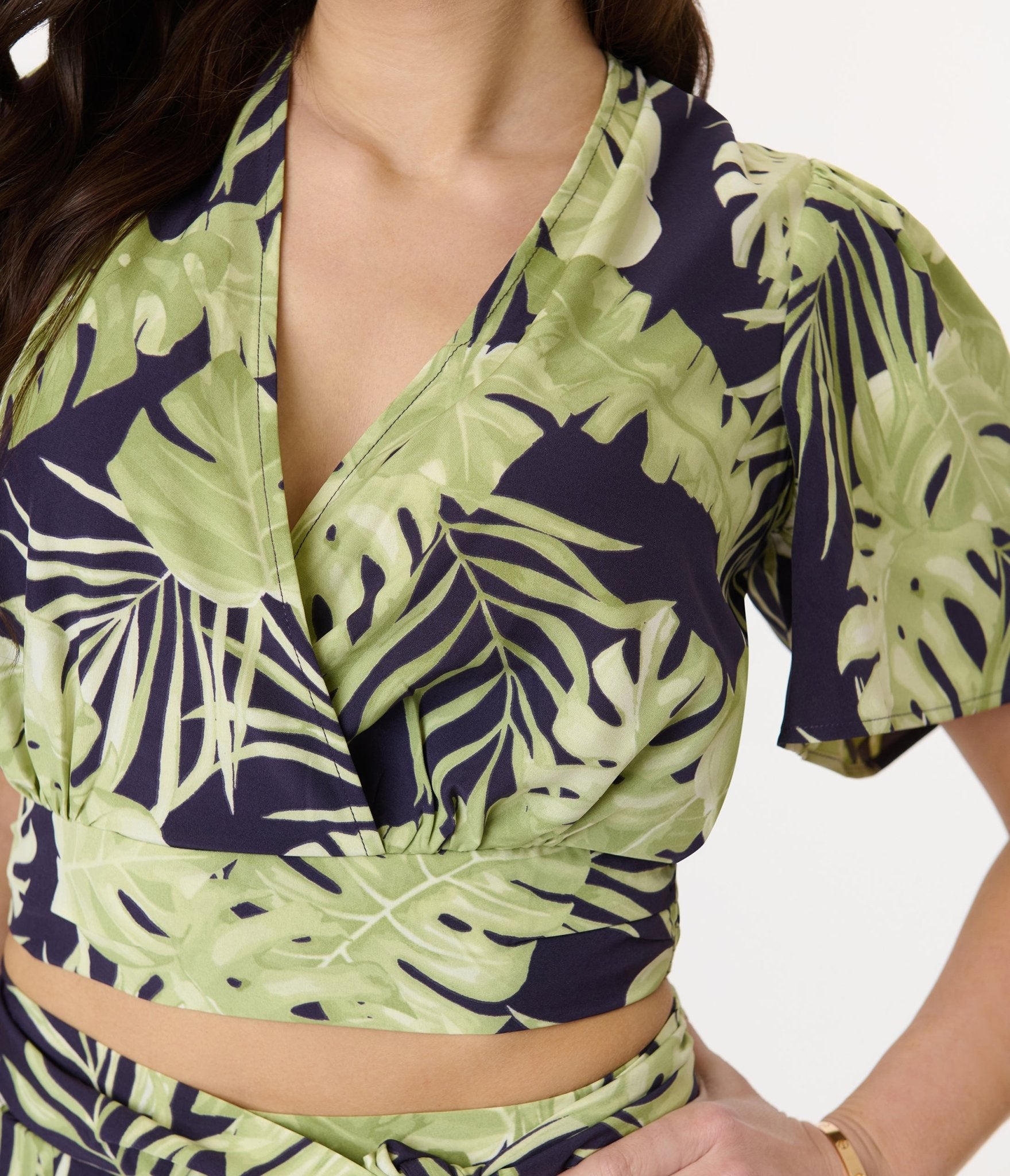Women's Navy & Green Tropical Print Crop Top - Summer Beach Vacation Boho Chic Shirt for Women | Perfect for Pool Parties, Music Festivals & Casual Outings