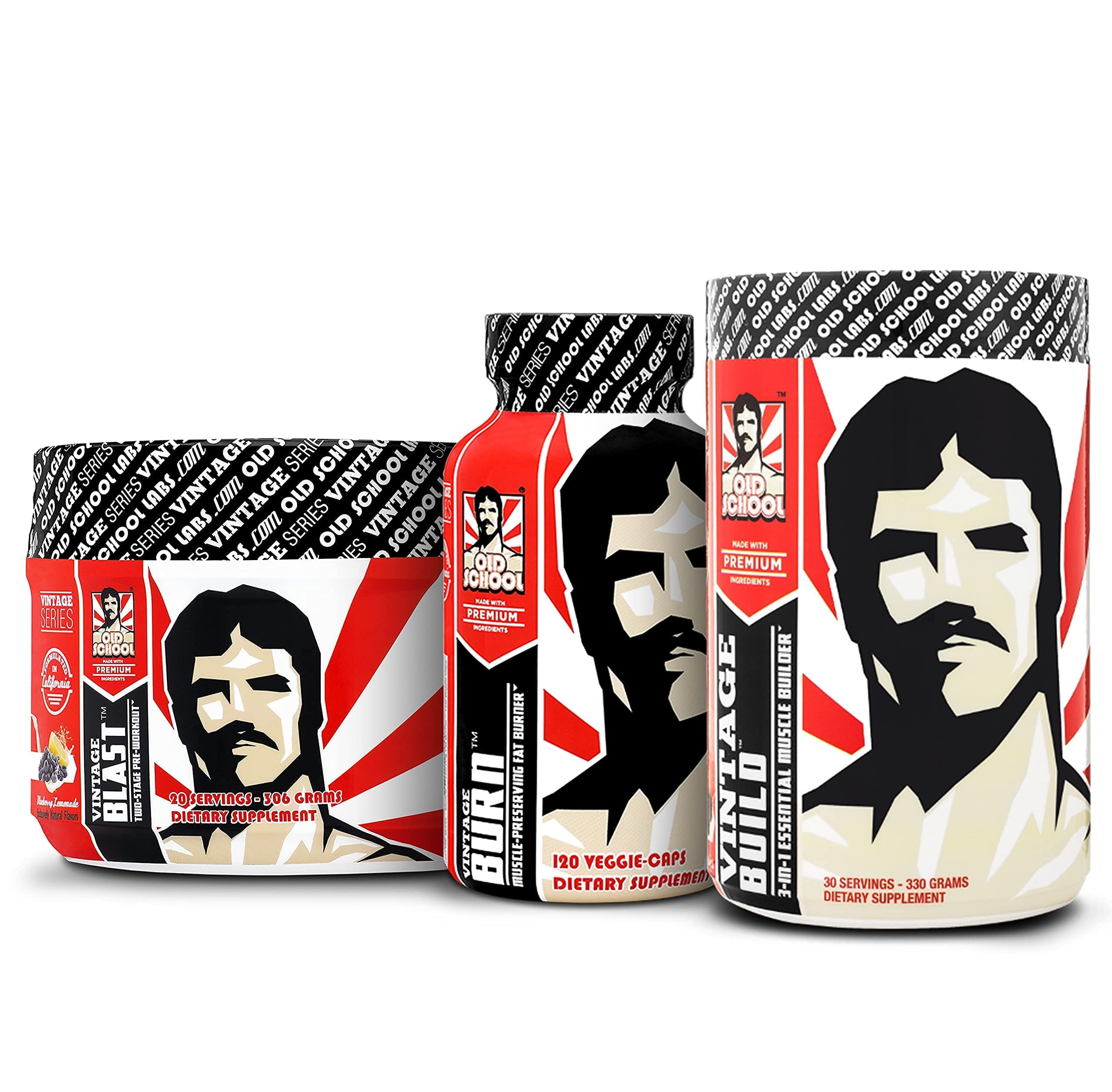 Old School Labs Vintage Blast Pre Workout Supplement + Vintage Burn Thermogenic Fat Burner + Vintage Build Post Workout Recovery - Boost Energy, Burn Fat & Build Muscle for Gym & Fitness Enthusiasts