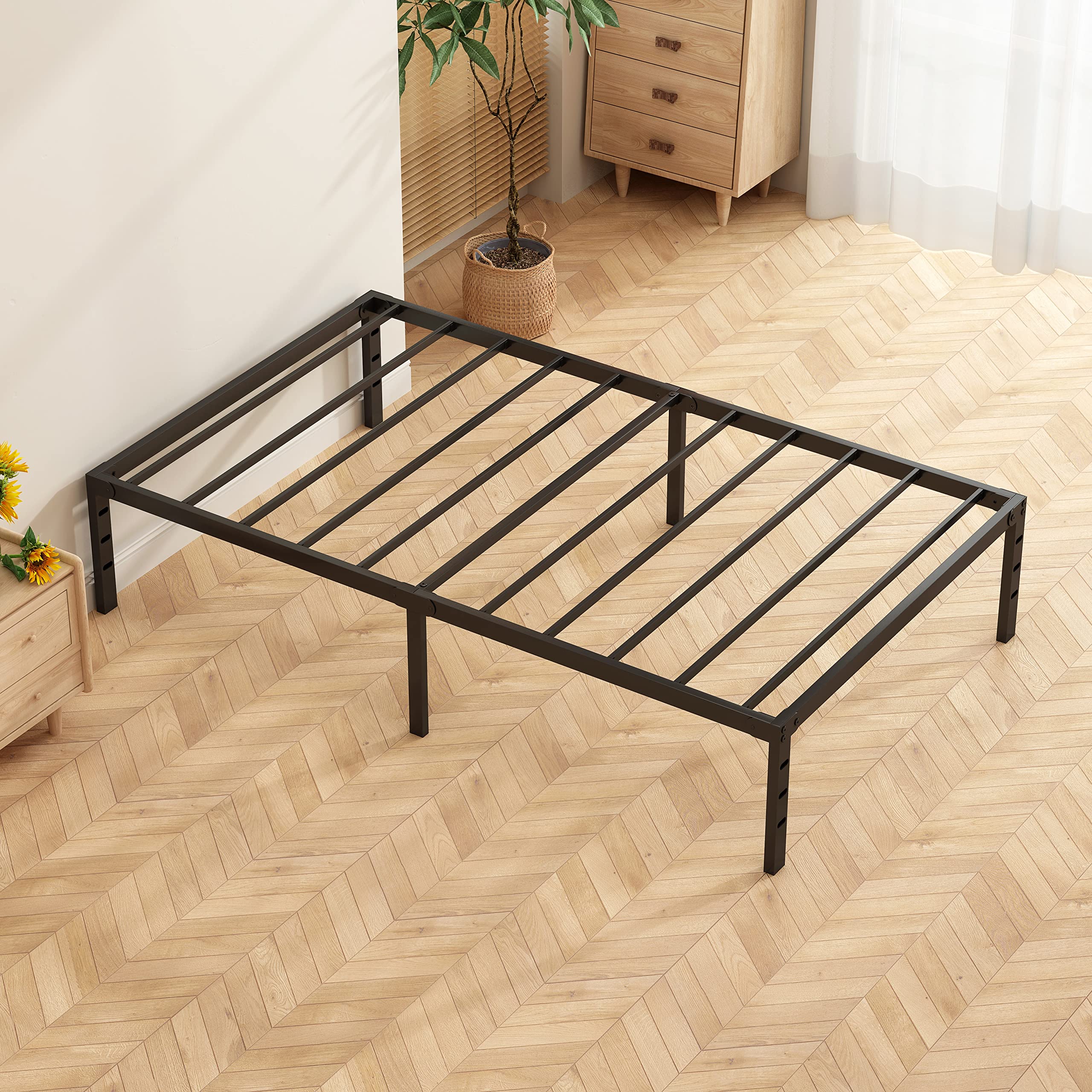 Sturdy 14 Inch Black Reinforced Metal Bed Frame with Steel Bar Support - Easy Assembly & Transport, Under Bed Storage Space - Perfect for Twin Beds in Dorms, Apartments & Guest Rooms