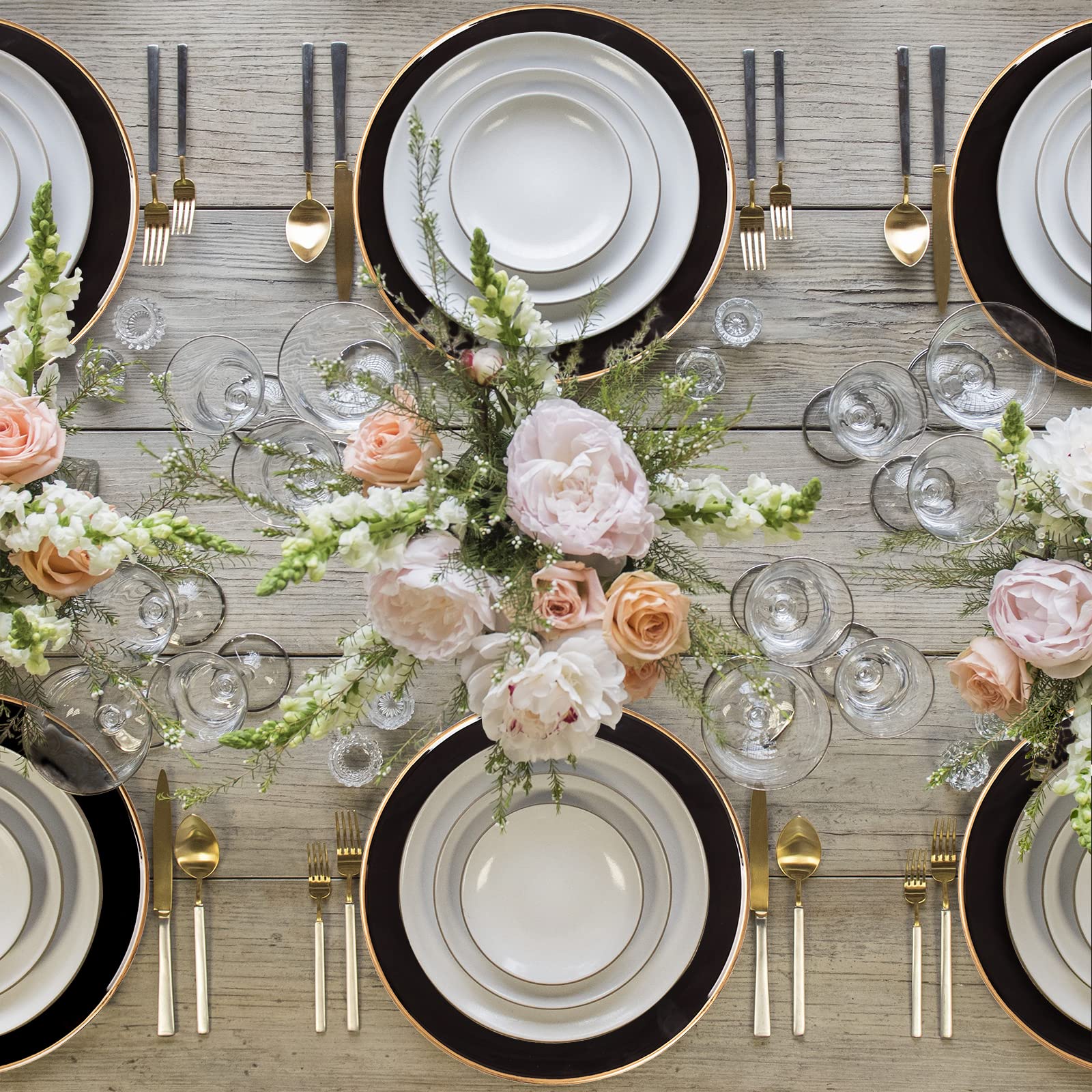 MAONAME 13-Inch Black Plastic Charger Plates with Gold Rim - Elegant Round Decorative Dinner Plates for Weddings, Parties, and Formal Dining - Set of 6 - Perfect for Table Settings, Buffets, and Special Occasions