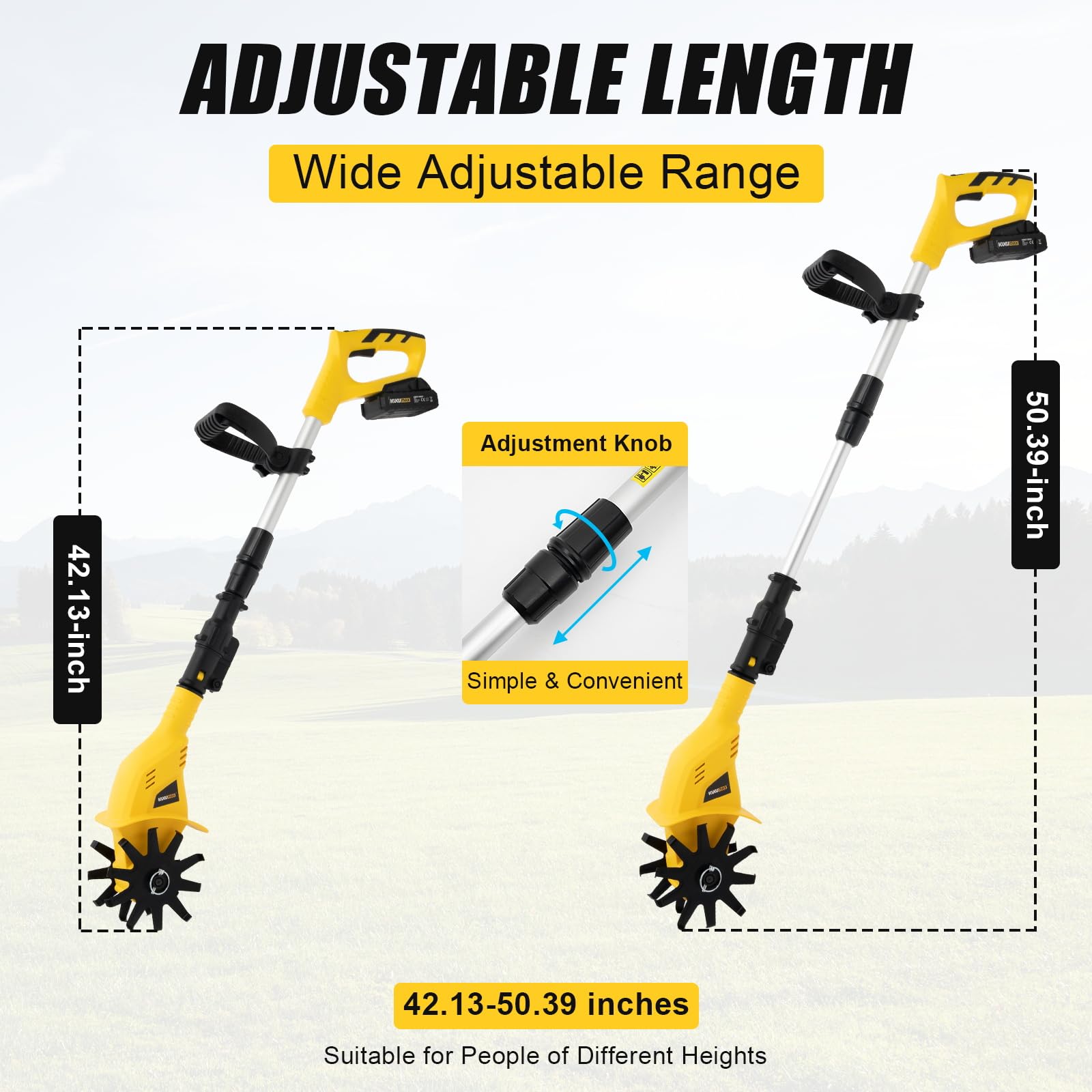 20V Cordless Electric Garden Tiller Cultivator with Steel Tines - Battery Powered Handheld Mini Tiller for Gardening - 3-4FT Adjustable Pole, 6.3