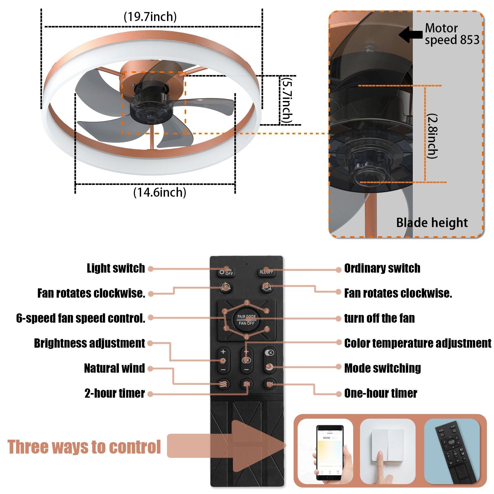 Modern Rose Gold Ceiling Fan with Dimmable LED Lights - Ultra-Thin Flush Mount Design for Bedroom, Living Room & Office