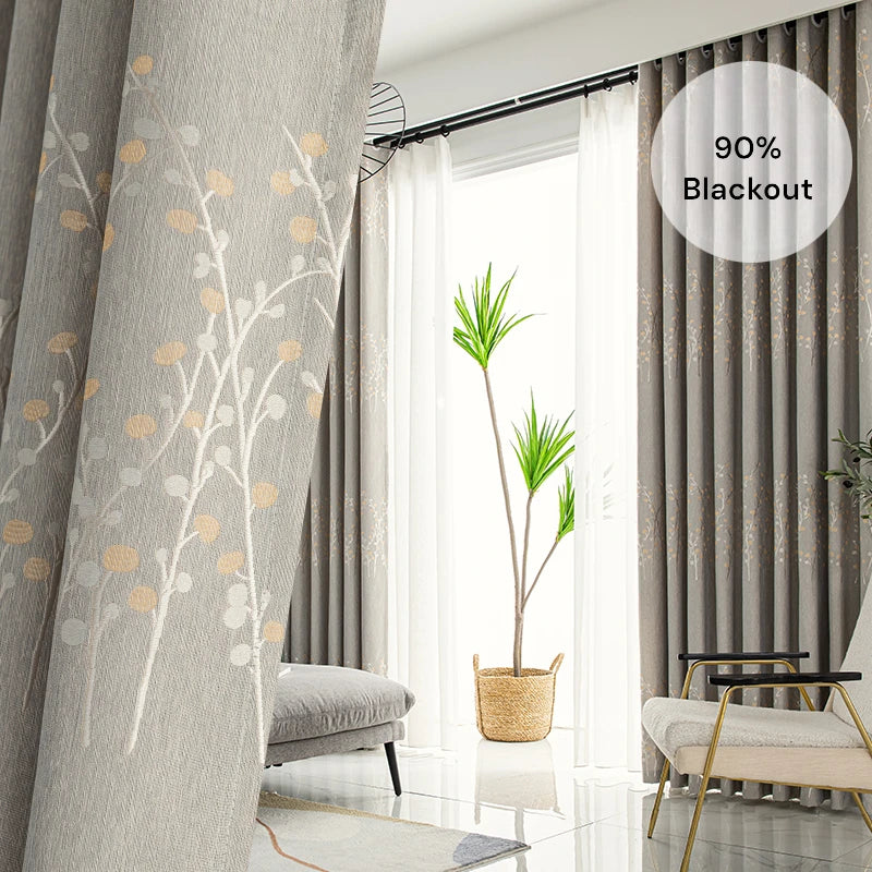 Tinsley Rustic Jacquard Tree Print Blackout Custom Curtains for Living Room & Bedroom - Thermal Insulated Window Drapes for Home Decor