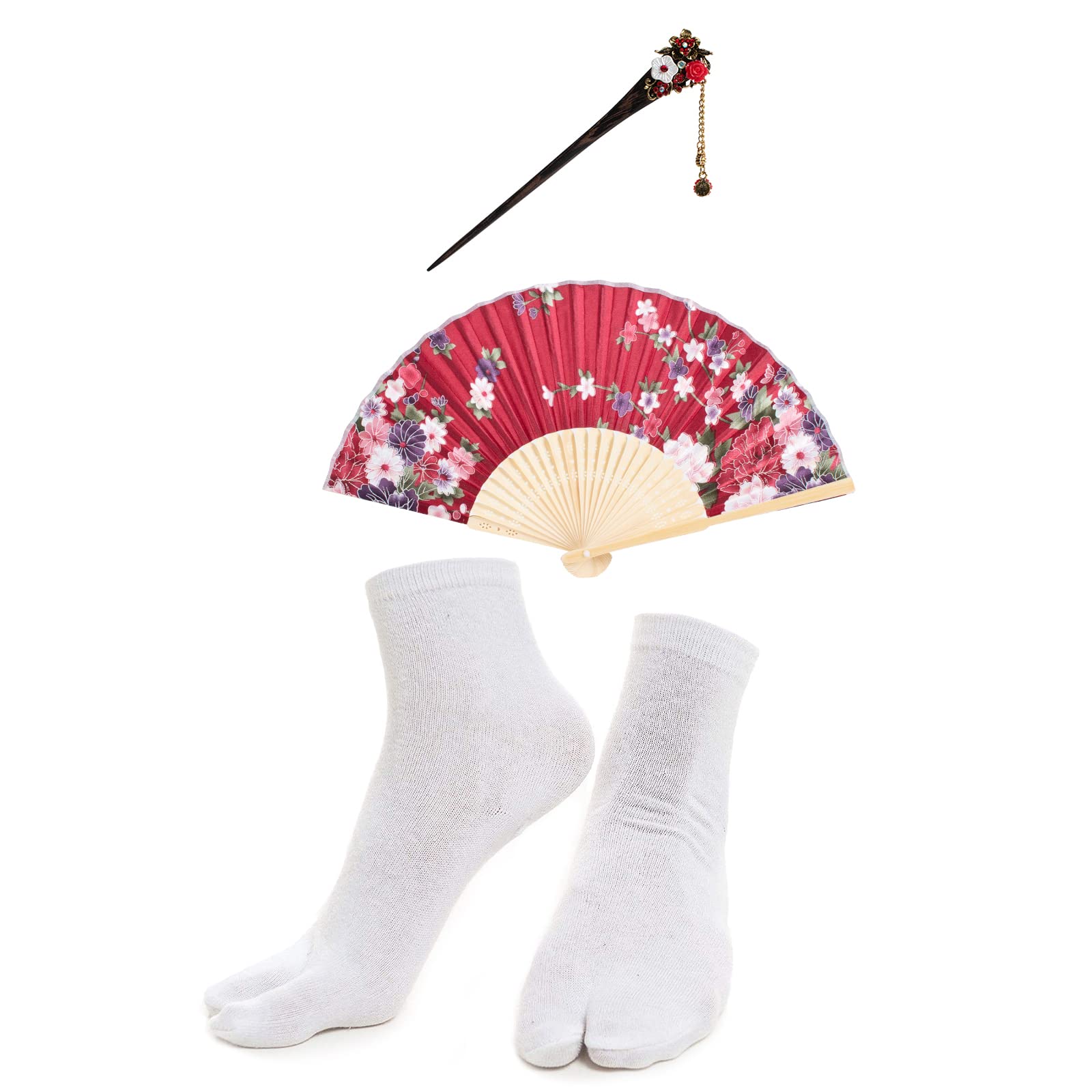 Japanese Anime Cosplay Kimono Robe Set with Silk Folding Fan & Tabi Socks - Traditional Women's Dance Costume for Cosplay, Halloween, and Cultural Events