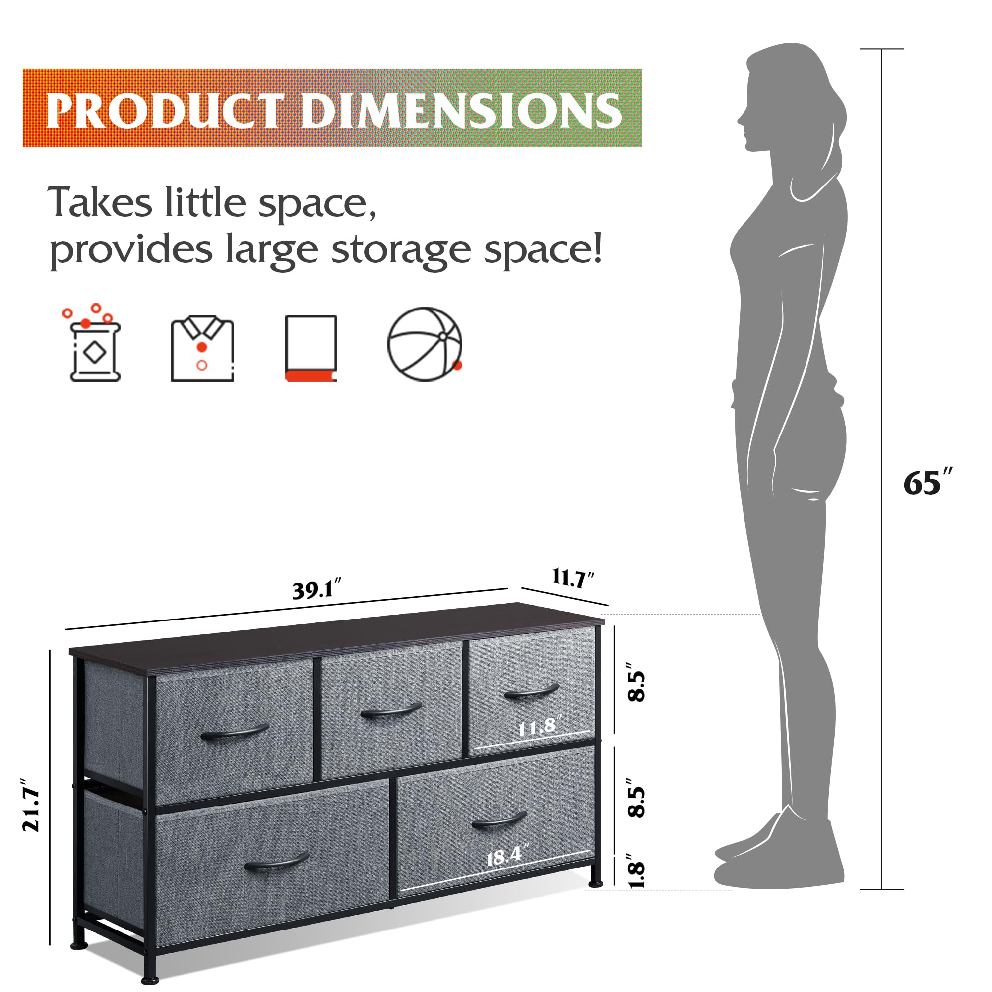 5-Drawer Fabric Dresser for Bedroom - Wide Storage Organizer with Fabric Bins, Dark Grey Chest of Drawers for Closet, Living Room & Hallway - Perfect for Small Space Organization & Home Decor
