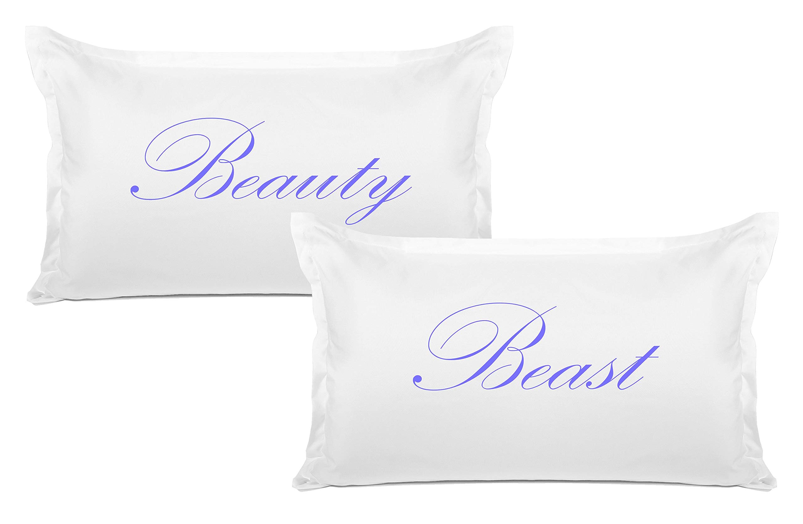 His & Her Pillowcase Set - 2 Standard Queen Pillow Cases (20x30 Inches) - Beauty and Beast Design - Hypoallergenic, Breathable, Anti-Wrinkle - White & Purple - Perfect for Couples, Gifts, and Bedroom Decor