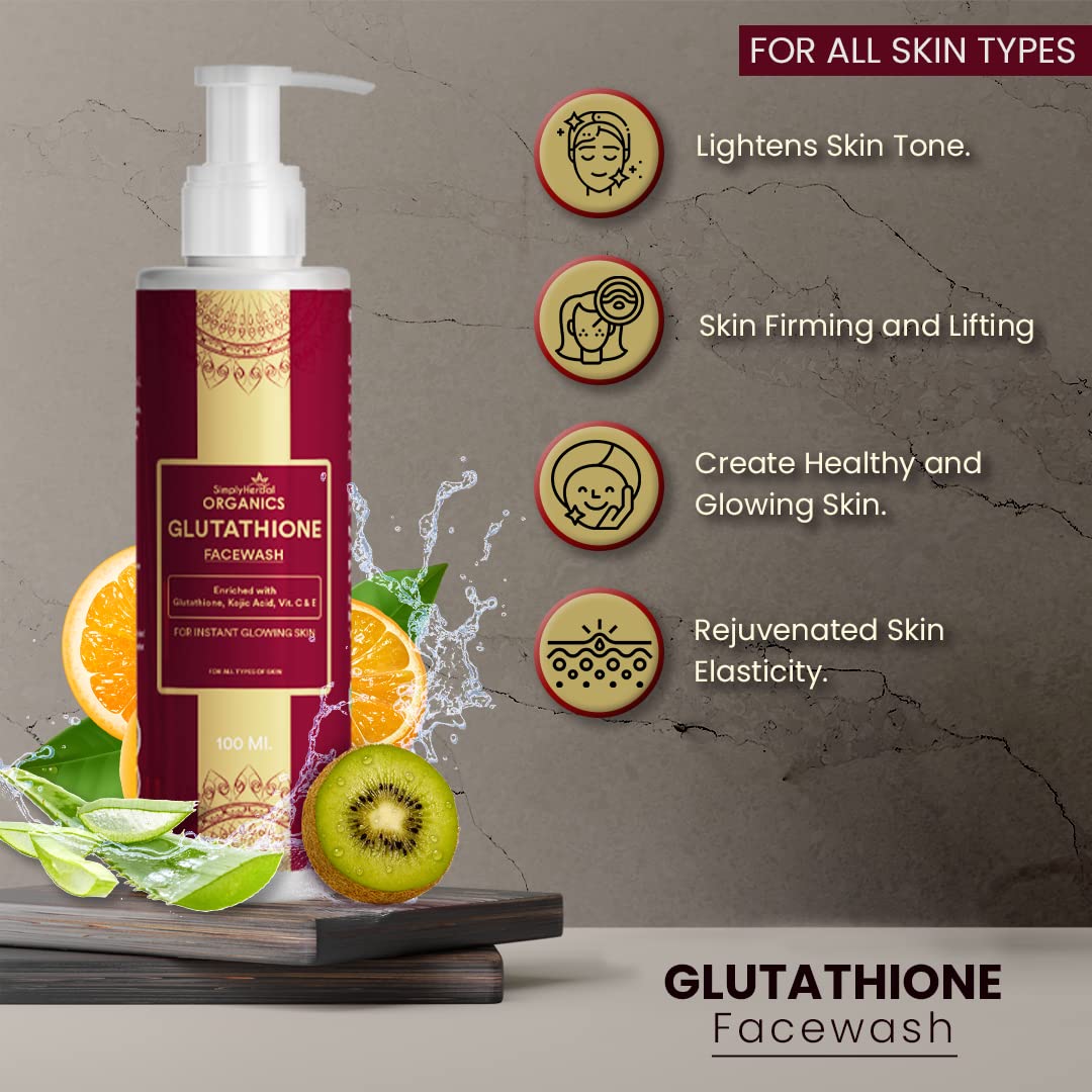 Simply Herbal Glutathione Face Wash with Vitamin C & E, Kojic Acid - Brightening, Oil Control & Hydrating Cleanser for Pigmentation & Tan Removal (100ml) | Perfect for Daily Skincare Routine & Achieving Glowing Skin