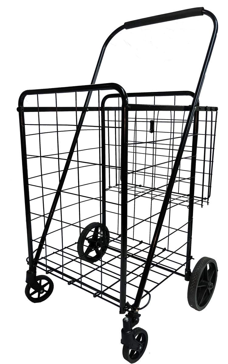 Newly Released Heavy Duty Jumbo Folding Shopping Cart with Double Basket & 360° Swivel Wheels - Perfect for Grocery Shopping, Laundry, and Outdoor Market Trips