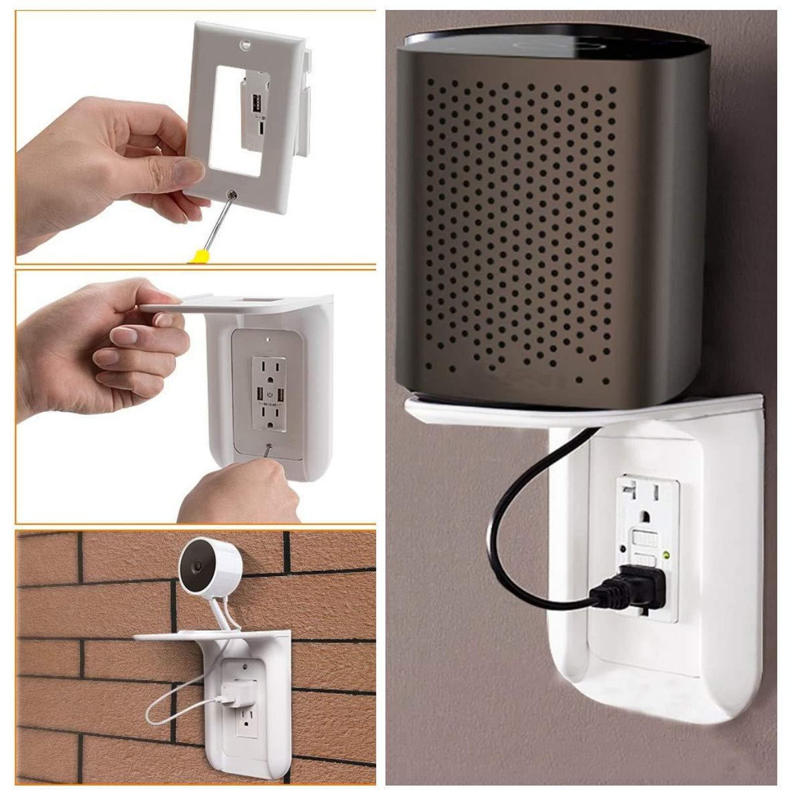 Wall Mounted Outlet Shelf - ABS Wall Shelf Organizer with Hole Design for Phone & Power Charger Holder - Perfect for Bedroom, Kitchen, Office Charging Station