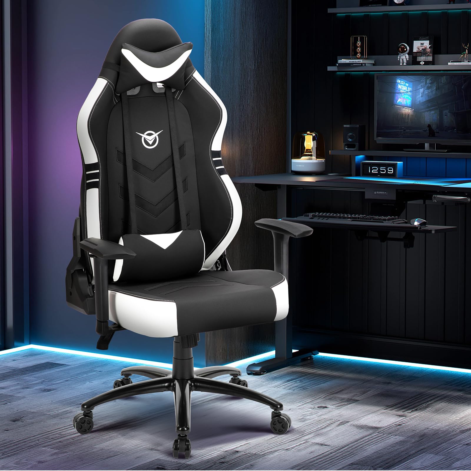 Big and Tall Gaming Chair 350lbs - Heavy Duty Ergonomic Racing Office Chair with Wide Seat, Reclining Backrest & Adjustable Armrests - Perfect for PC Gaming, Streaming & Home Office (Black/White)