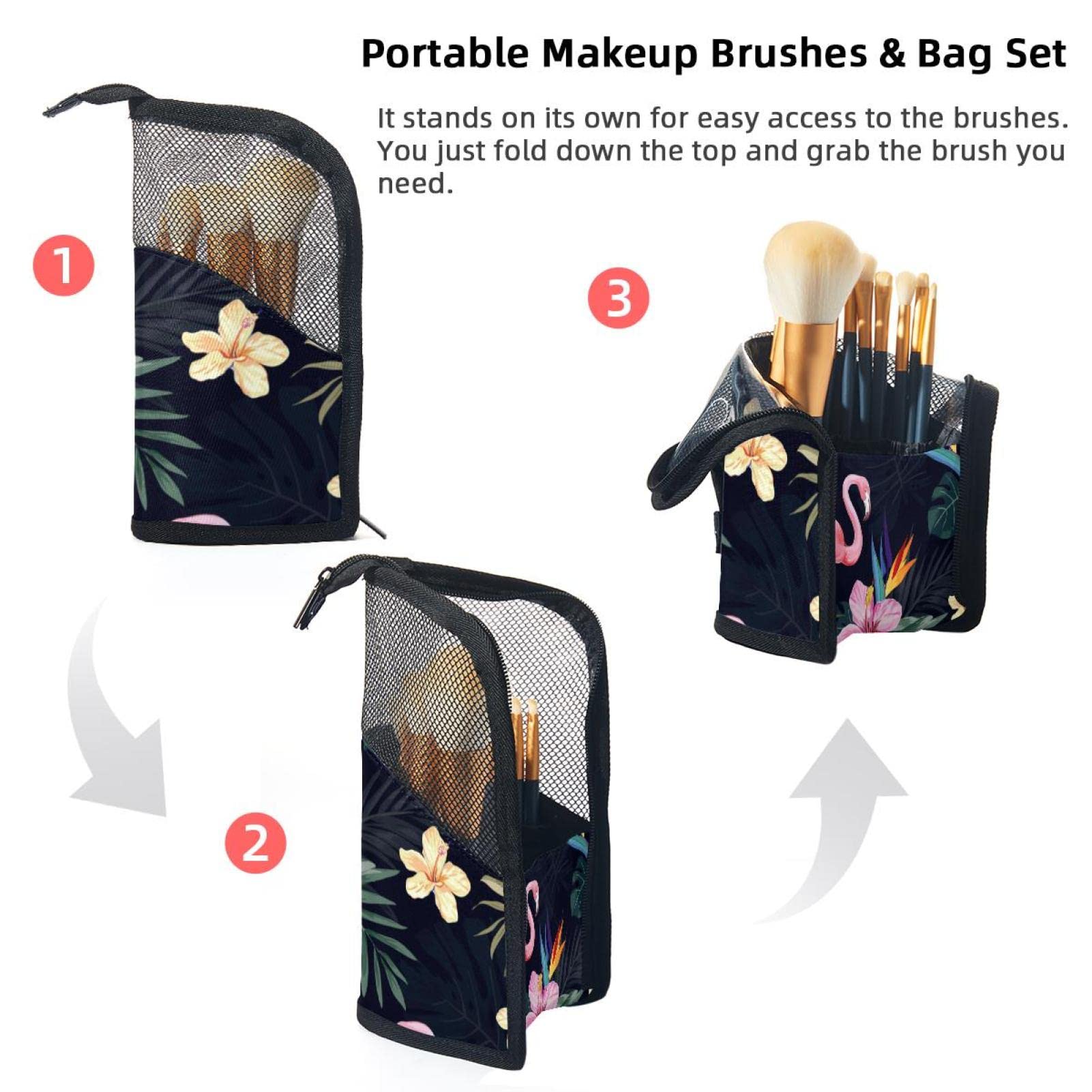 12-Piece Makeup Brush Organizer Bag with Tropical Leaves & Flamingo Design - Portable Cosmetic Brush Holder Case for Travel, Home & Professional Makeup Artists