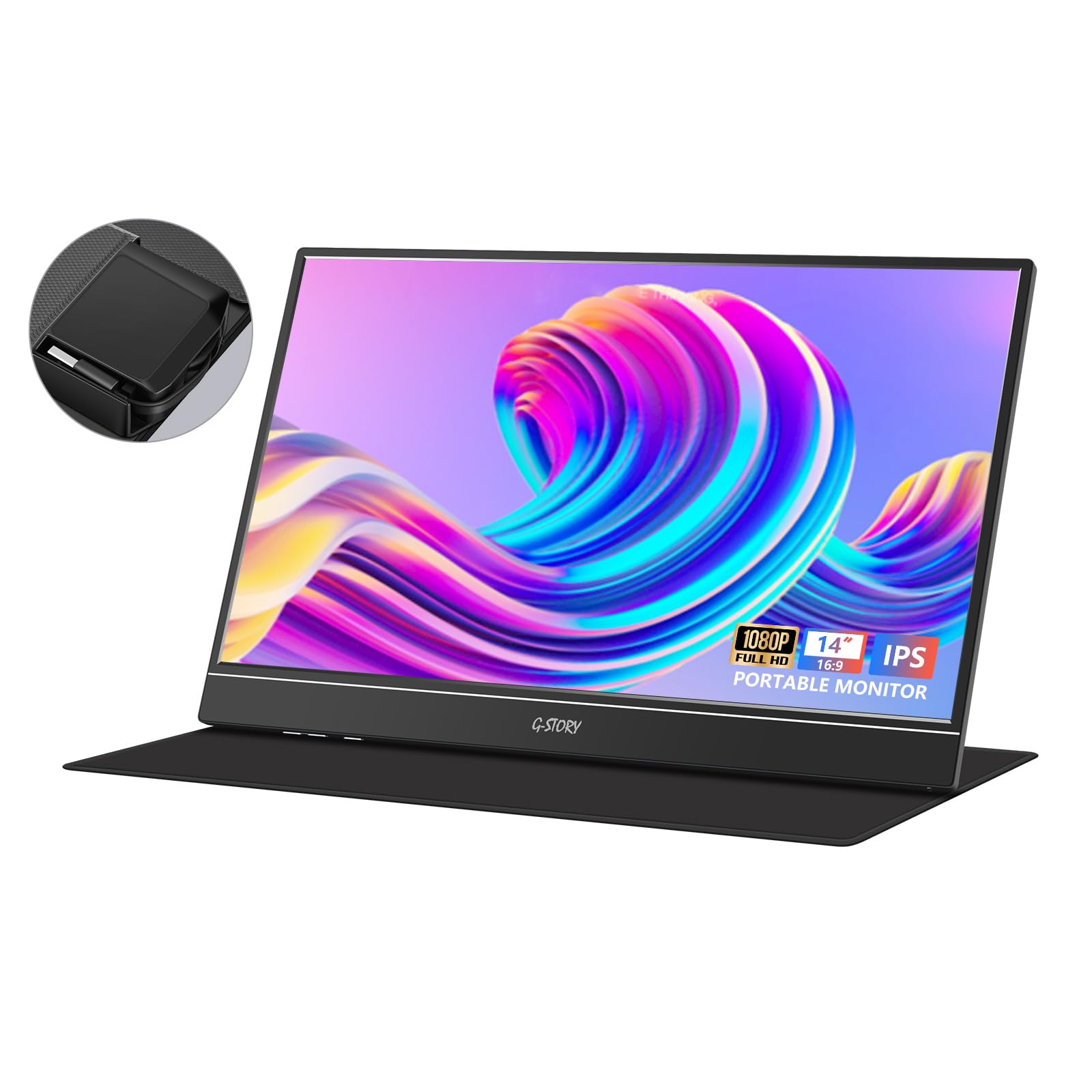 G-STORY 14 Inch FHD 1080P Portable Monitor with IPS Screen, USB-C & USB-A Connectivity, Adjustable Stand & Hidden Cable Design - Second Display for Laptop, PC, Mac, Phone - Perfect for Travel, Business & Remote Work