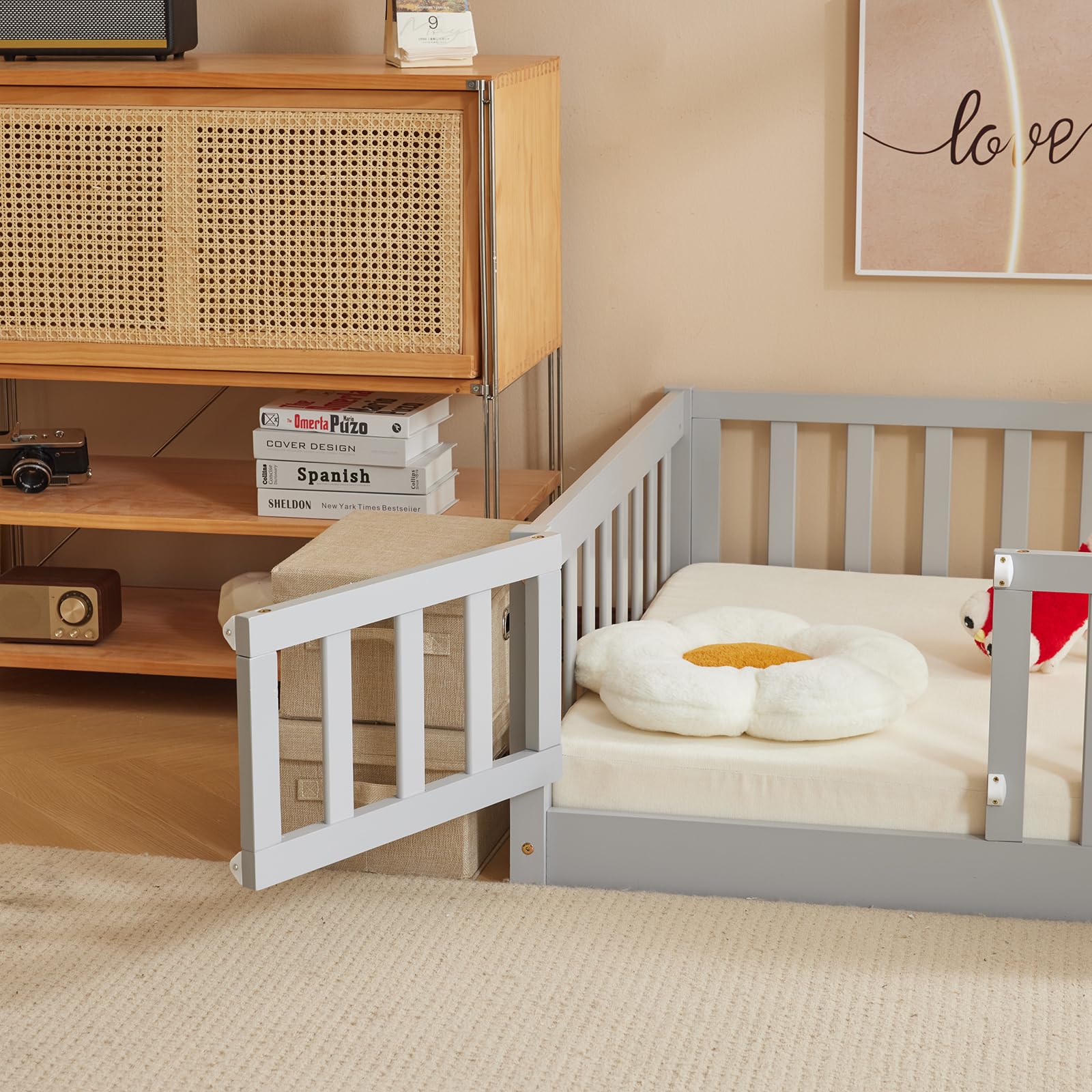 Montessori Toddler Floor Bed with Door & Safety Fence - Solid Wood Twin Bed Frame for Kids with 12 Slats & Guardrails - Grey (Perfect for Girls & Boys Bedroom, Playroom or Montessori Learning Space)
