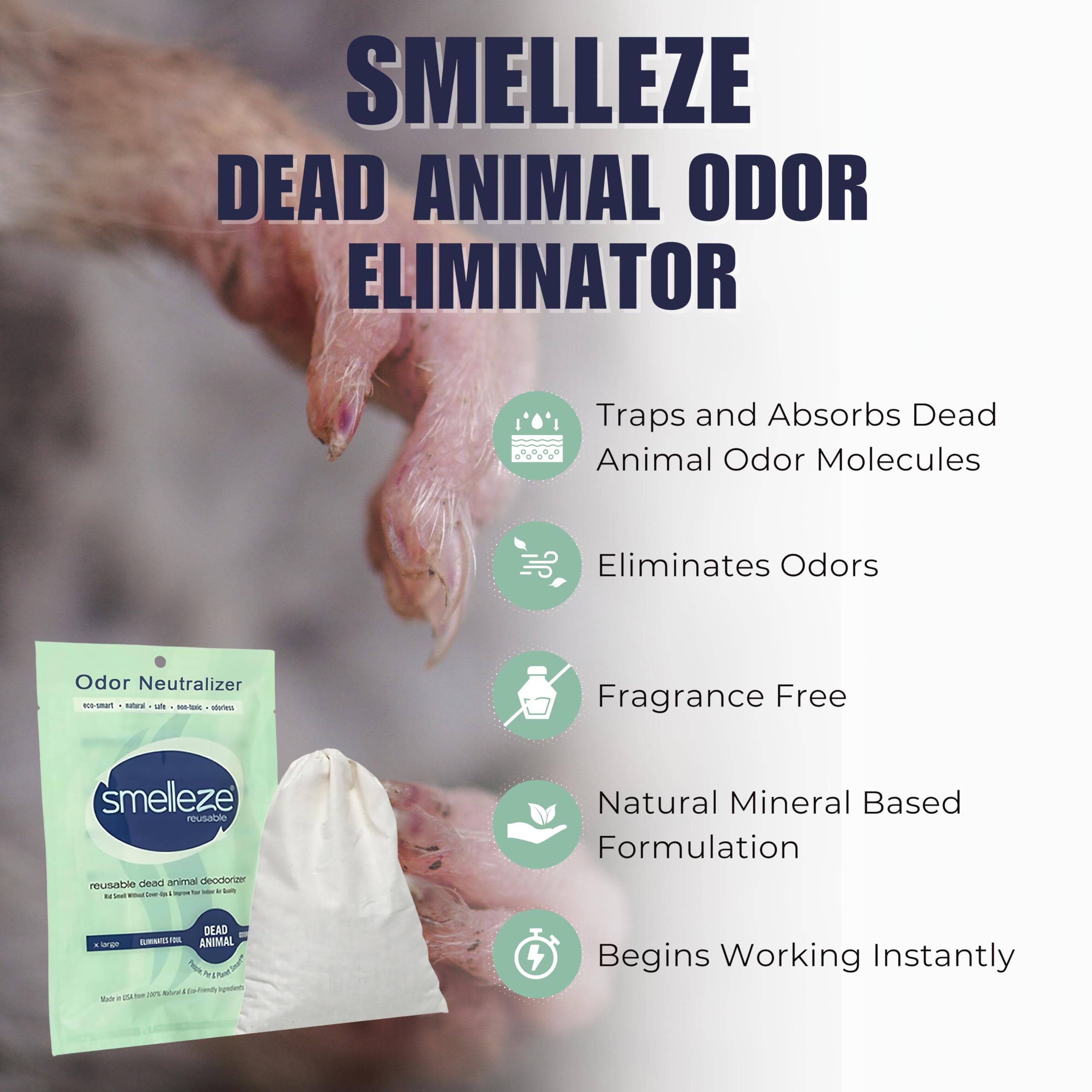 Natural Smelleze Dead Animal Odor Eliminator - Safe & Effective Rodent & Wildlife Smell Remover for Indoor & Outdoor Use - Fresh Scent, Long-Lasting Results - 1 Pouch - Perfect for Homes, Cars, Garages & Pet Areas
