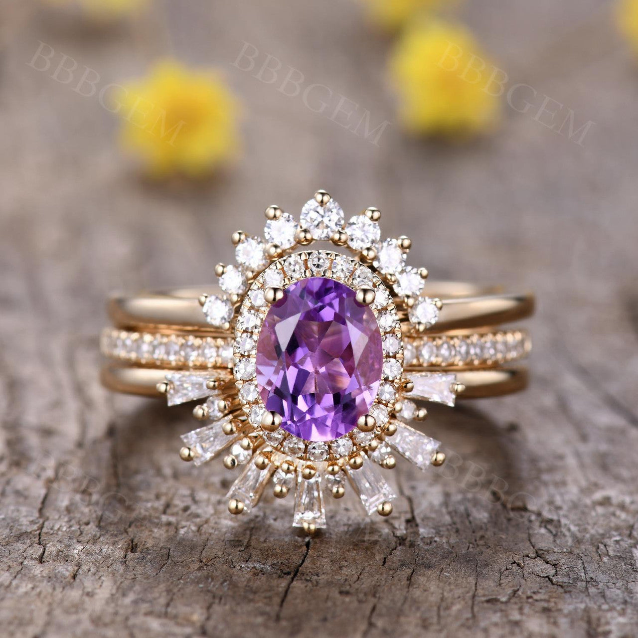 3pcs Vintage Oval Cut Purple Natural Amethyst Bridal Set Diamond Wedding Band Cocktail Ring for Women - Elegant Jewelry Gift for Brides, Engagement, Anniversary & Special Occasions