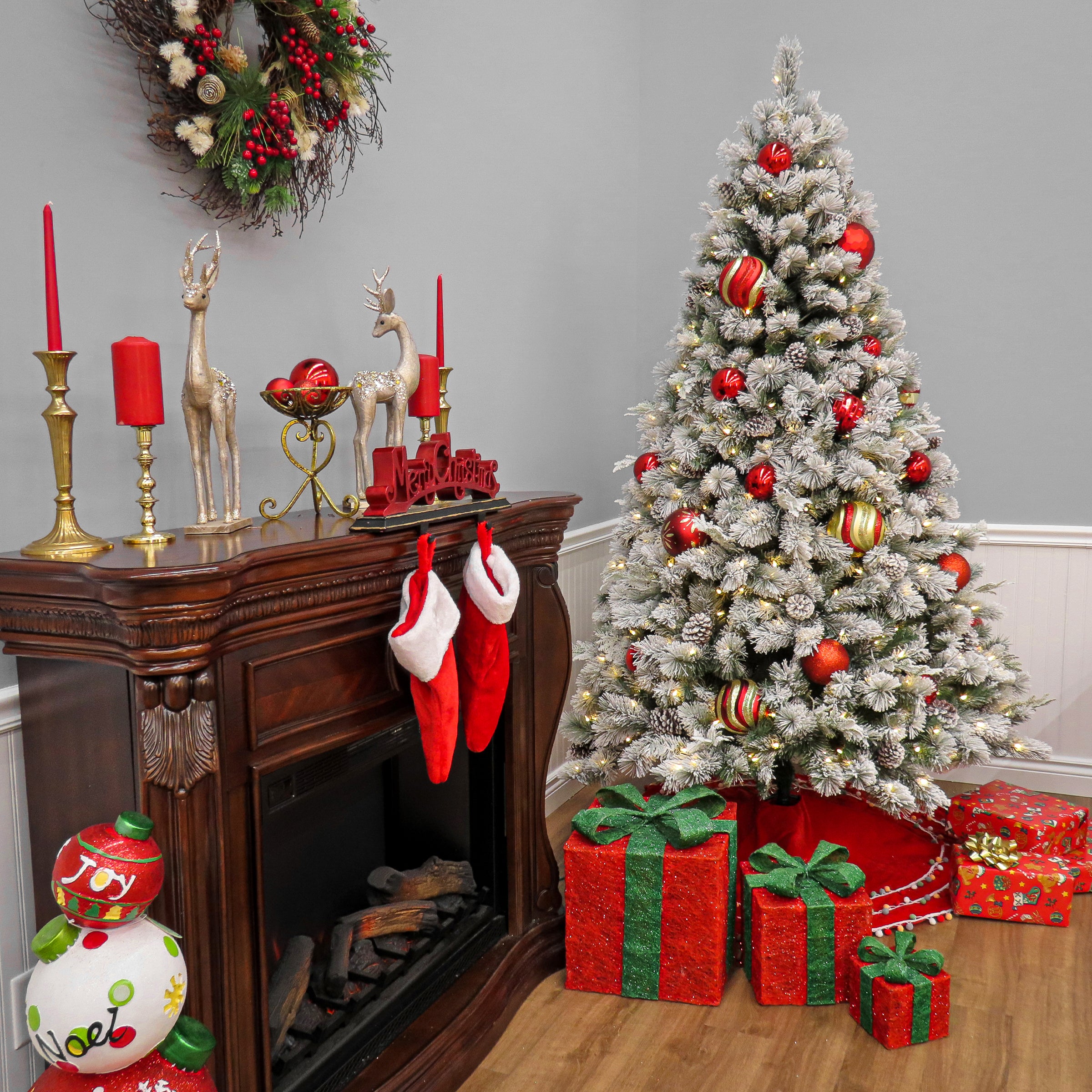 7.5 ft Pre-Lit Snowy Silver Hill Pine Artificial Christmas Tree with Warm White LED Lights - Perfect for Living Room, Office, and Holiday Decorations