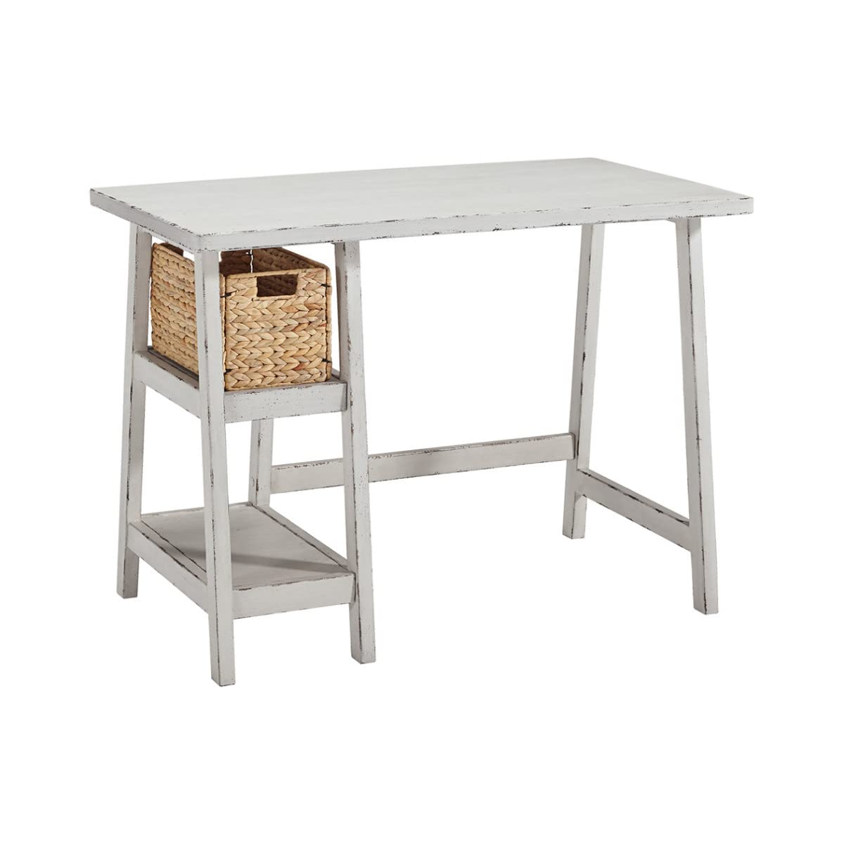 Distressed White Wooden Desk with Two Display Shelves & Trestle Base - Small Home Office Desk for Study, Work, or Dorm Room | Benjara Benzara Writing Table