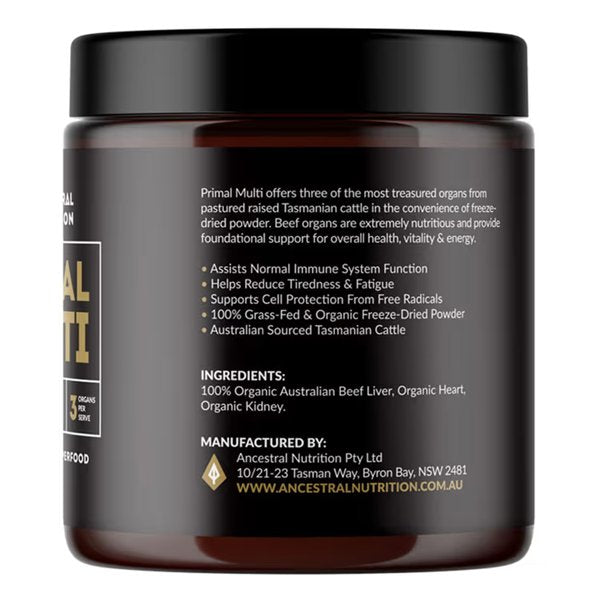 Ancestral Nutrition Primal Multi Beef Organs Powder 100g - Grass Fed, Keto & Paleo Friendly Superfood Supplement for Gut Health, Energy & Immunity Boost - Perfect for Smoothies, Coffee & Baking