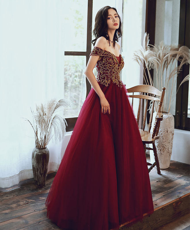 Elegant Burgundy Tulle Sequin Off-Shoulder Long Prom Dress for Evening Gala & Formal Events - Perfect for Homecoming, Wedding, and Special Occasions