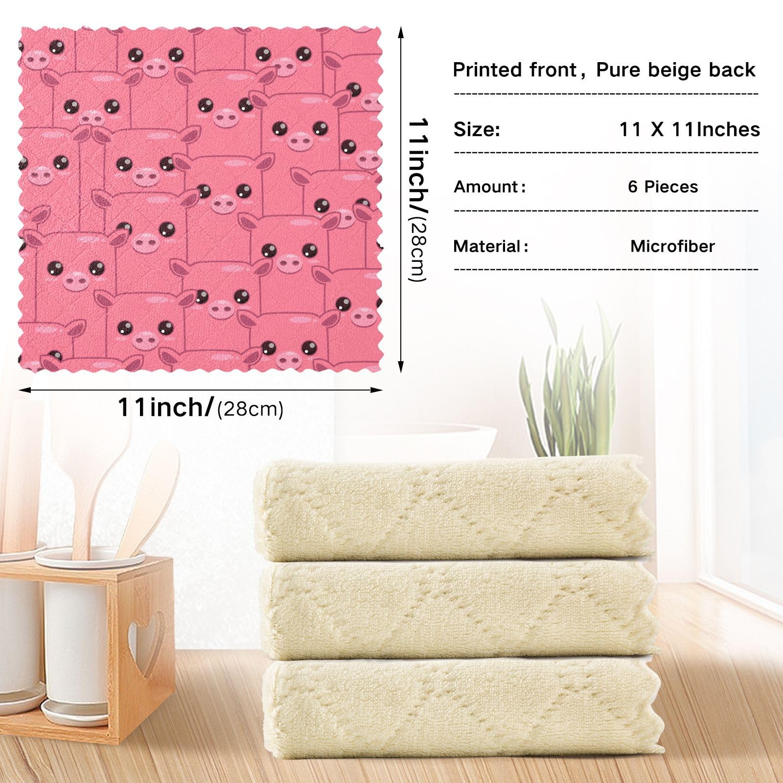 6 Pack Cute Pink Pig Animal Print Kitchen Dish Towels - 11