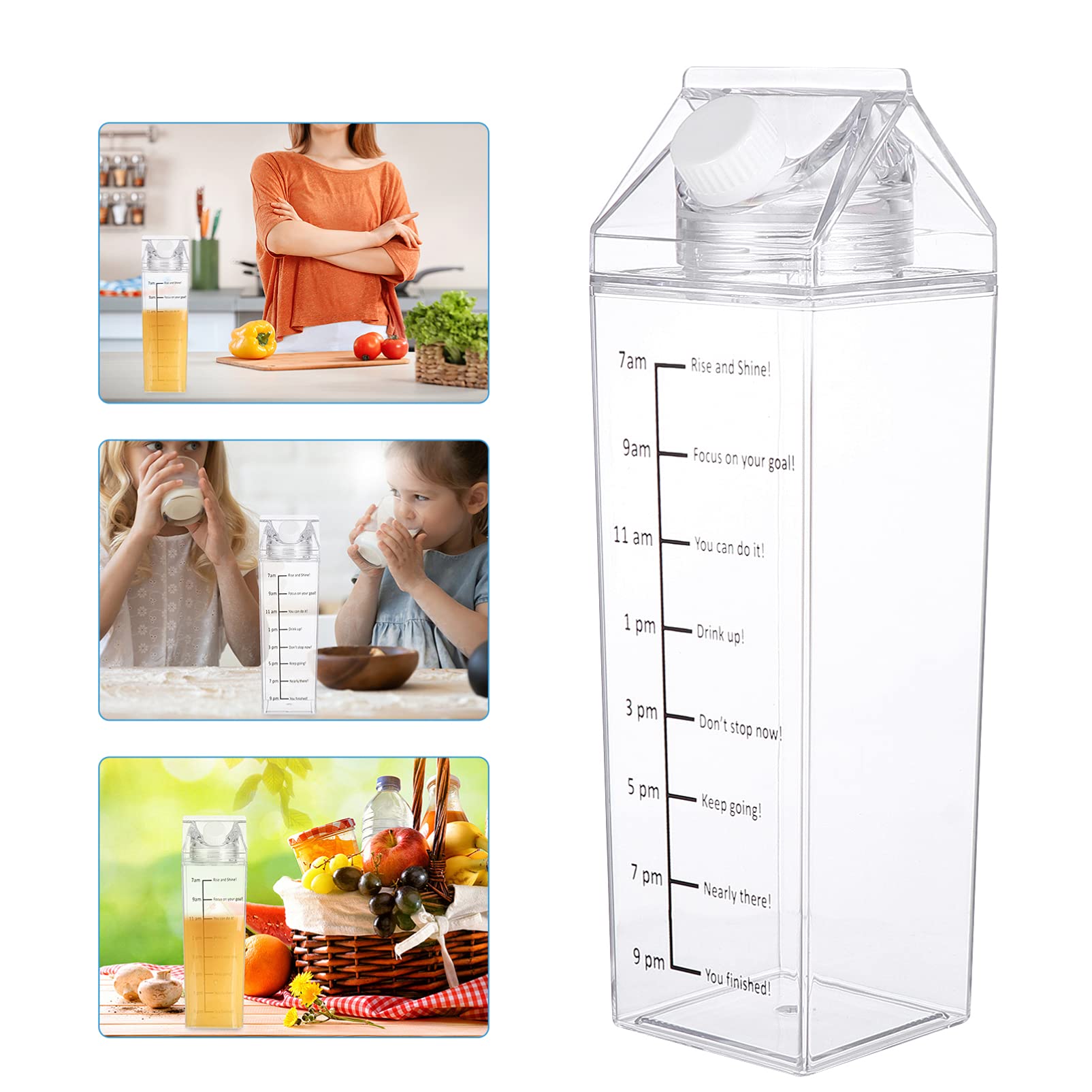 Angoily Clear 1000ml BPA-Free Square Milk Carton Water Bottle with Measurement Scale - Portable & Reusable for Outdoor Sports, Travel, Camping, Hiking, Gym & Daily Hydration
