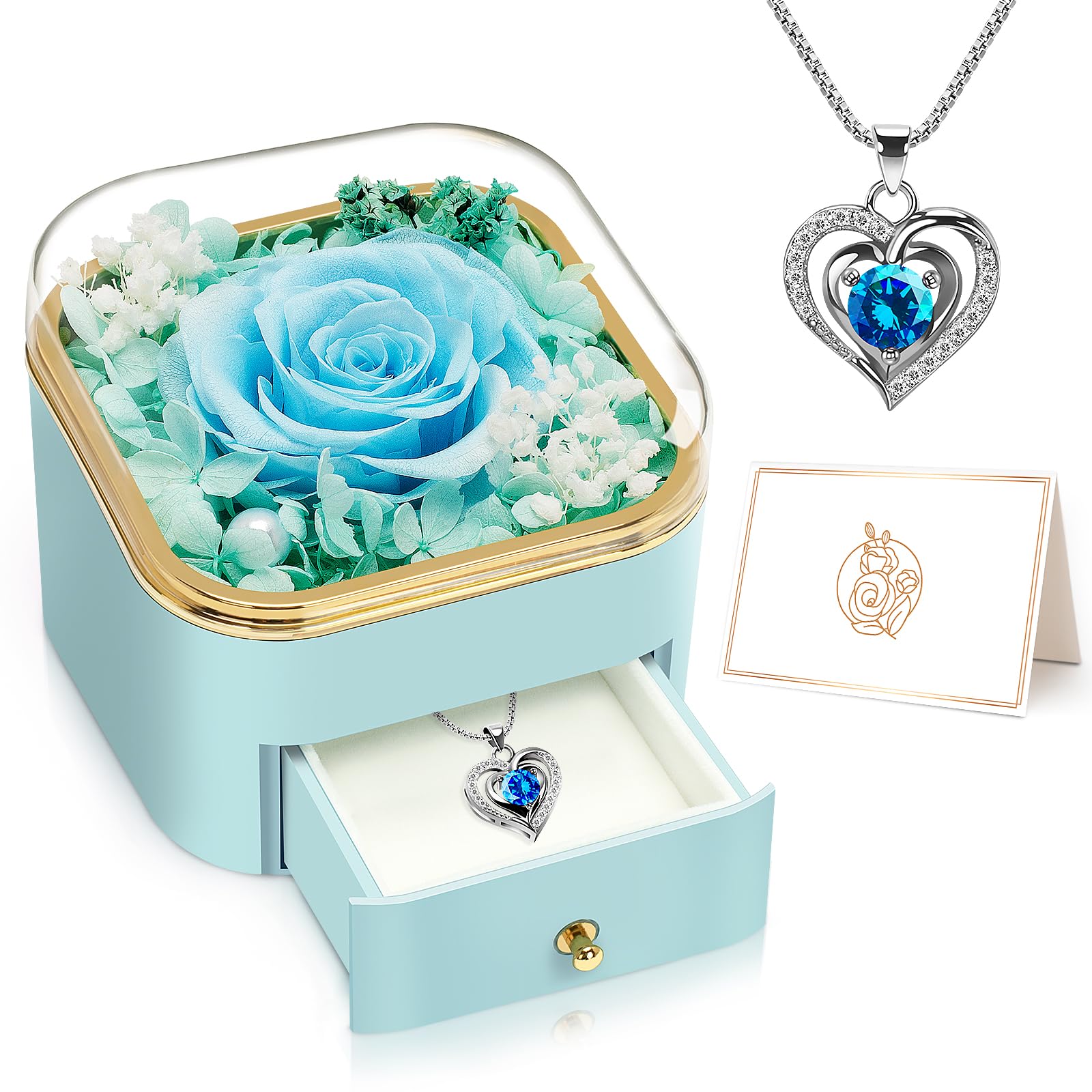 Eternal Rose Necklace Gift Set for Women - Preserved Real Rose with Heart Pendant, Birthday Anniversary Christmas Present for Wife, Girlfriend, Mom, Grandma (Blue) | Romantic Keepsake for Special Occasions