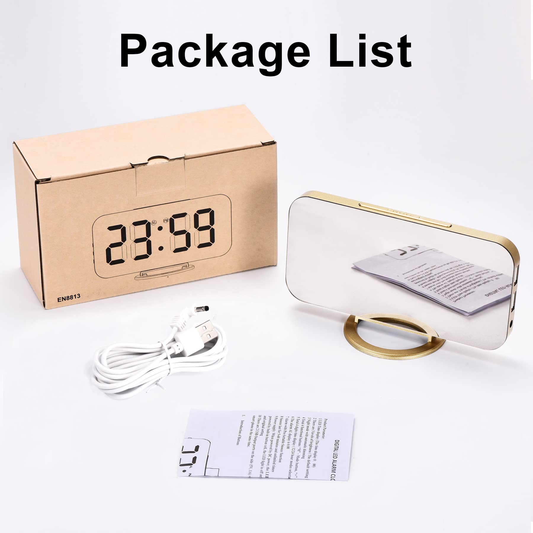 Ygdigital 6.5 Inch LED Digital Alarm Clock with Mirror Display - 2 USB Charging Ports, 3 Brightness Levels, Snooze Function, 12/24H Format - Perfect for Bedroom, Home Office, Nightstand (Gold)