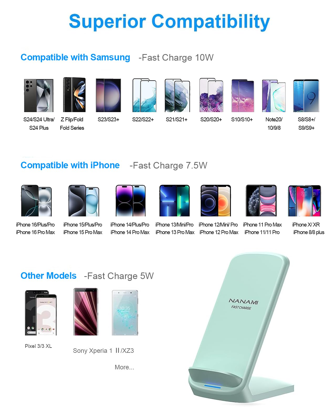 NANAMI Fast Wireless Charger Stand - Qi-Certified 15W Wireless Charging Pad for Samsung Galaxy S25/S24/S23/S22 Ultra/S21/S20 FE/S10/S9 & iPhone 16/15 Pro Max/14 Plus/13/12/11/XR/XS/8+ - Perfect for Home, Office, and Nightstand Charging