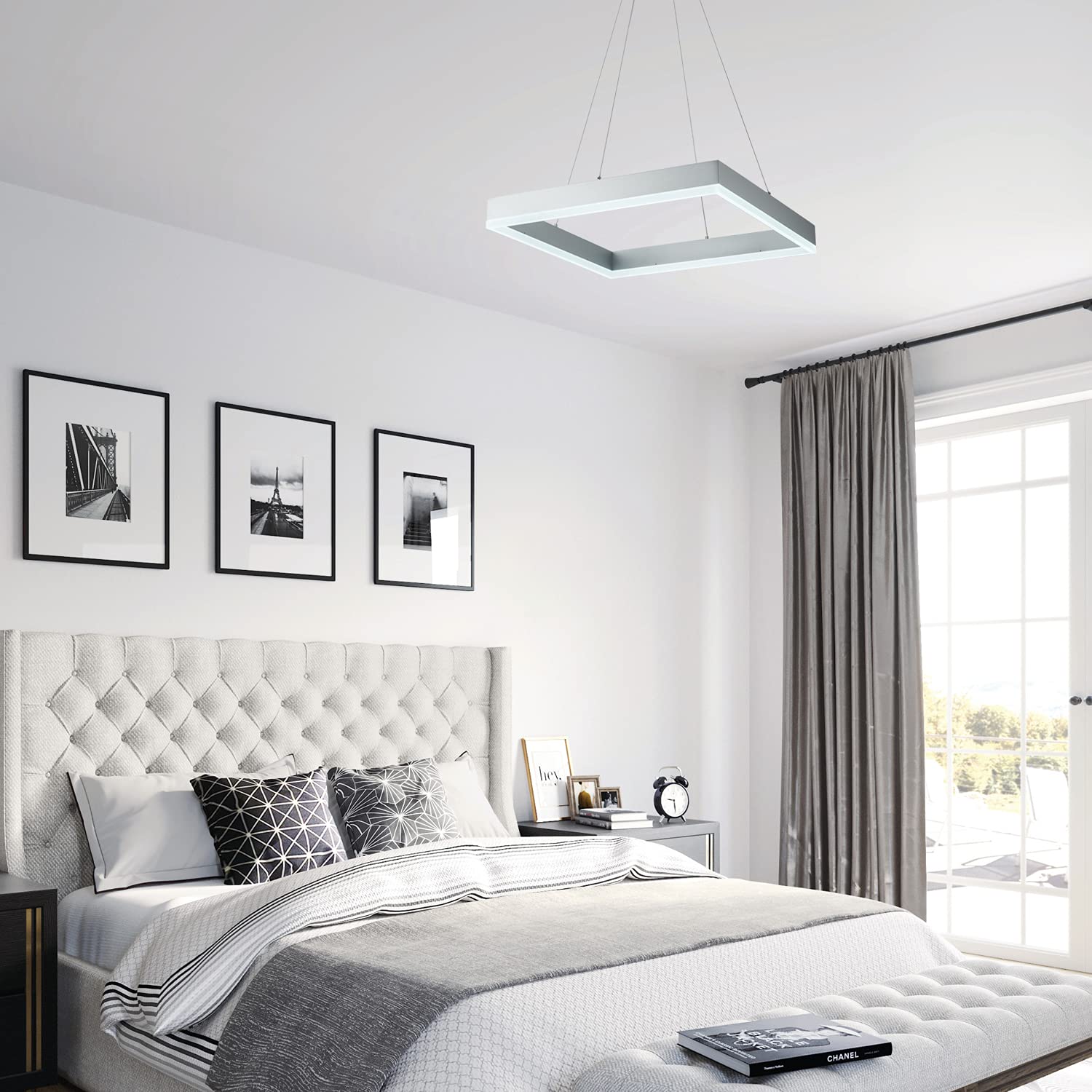 Modern Square LED Chandelier - Dimmable Contemporary Pendant Light for Dining Room, Kitchen, Office & Foyer - Cool White 6000K Silver Finish - Perfect for Home Decor, Modern Interior Lighting & Stylish Room Ambiance
