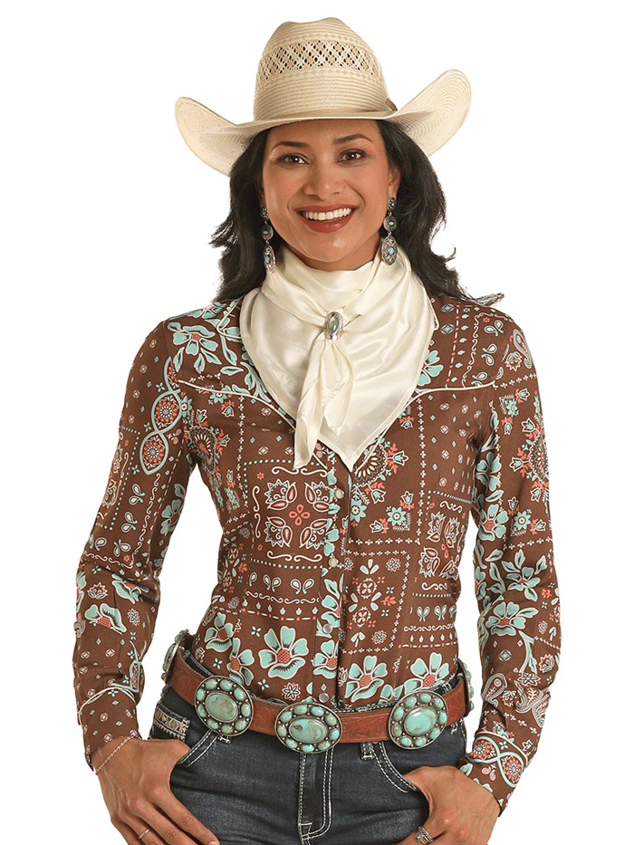 Panhandle LWN2S03391 Women's Bandana Snap Retro Ascot Shirt in Brown - Vintage Style Blouse for Casual Outfits & Western Fashion