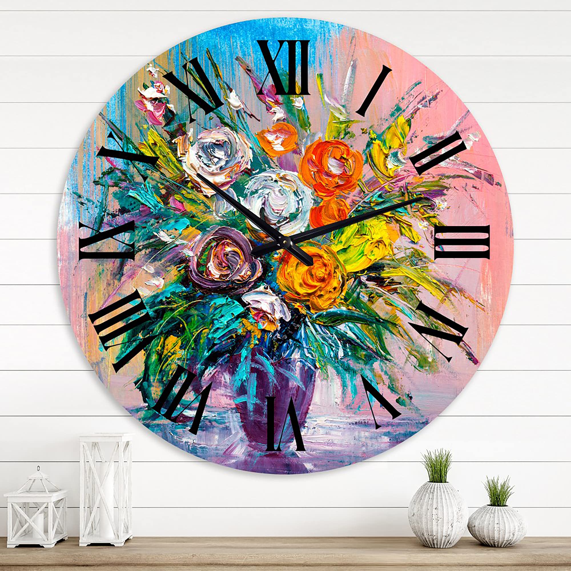 DesignQ Traditional Wall Clock - 'Bouquet of Vibrant Flowers' Large Floral & Botanical Wall Clock for Home, Office & Living Room Decor | Perfect for Farmhouse, Bedroom & Kitchen Wall Decoration