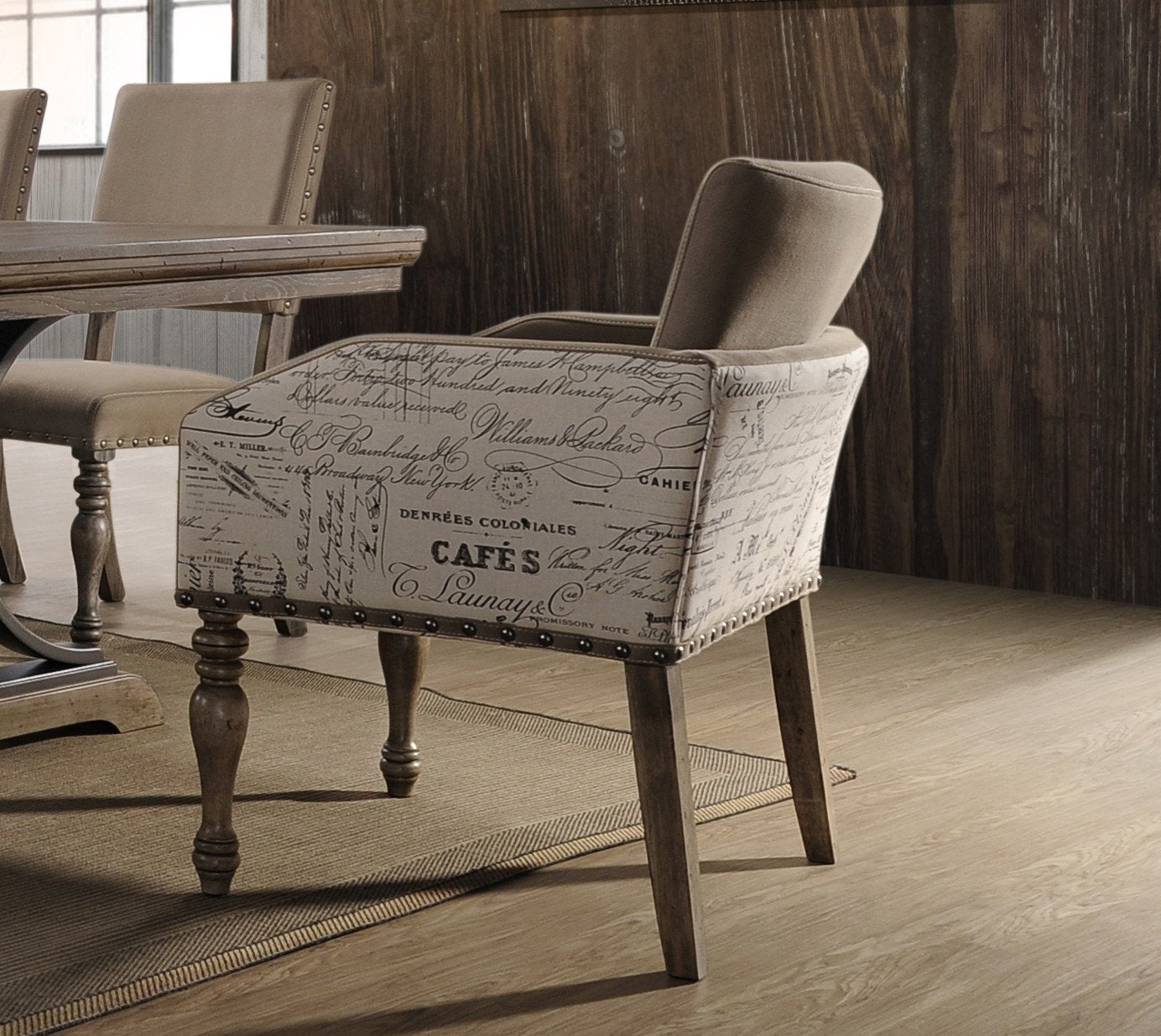 Roundhill Furniture Birmingham Script Printed Driftwood Finish Dining Arm Chairs with Nailhead Trim, Set of 2 - Farmhouse Style Kitchen & Dining Room Seating for Home Decor