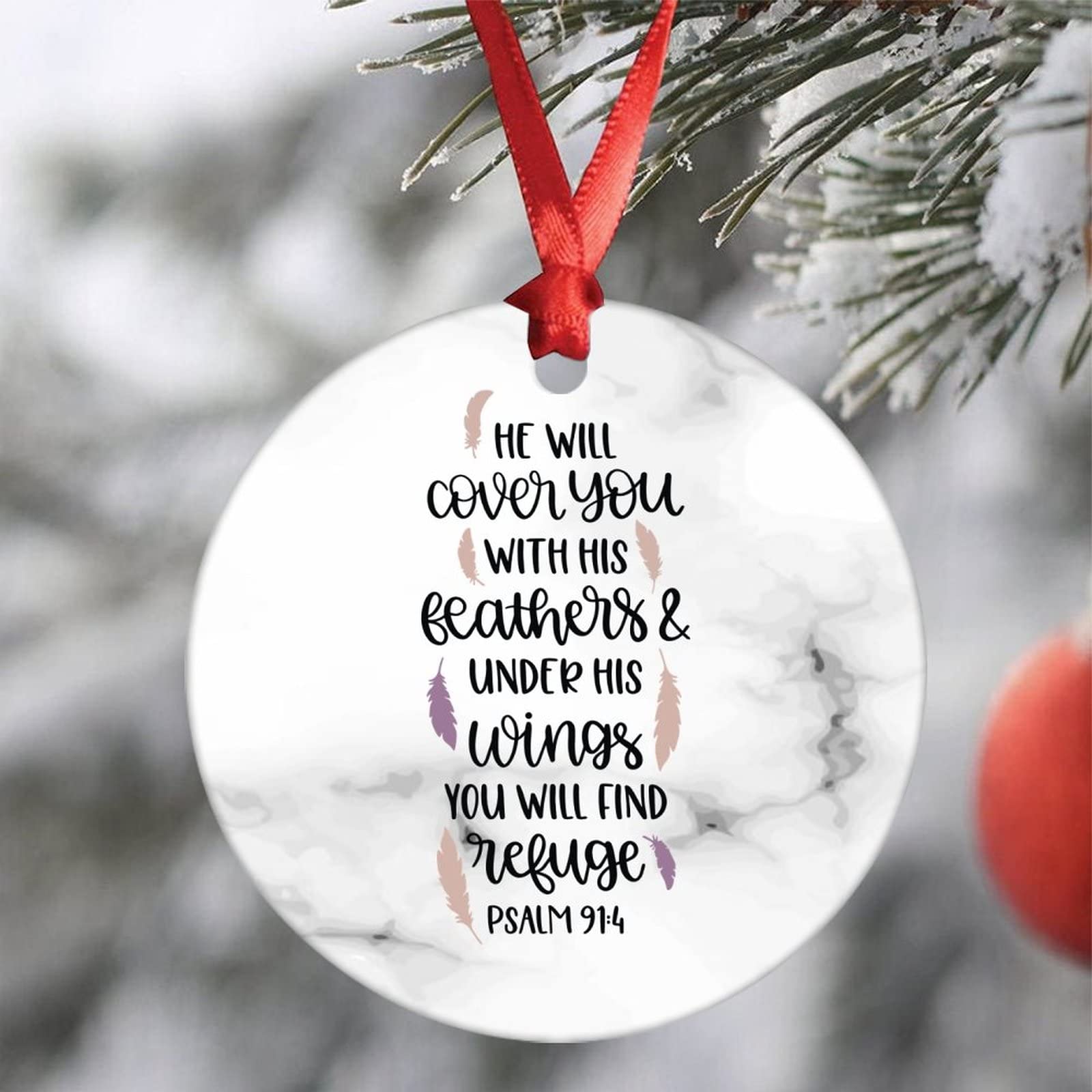 Personalized Psalm 91:4 Ceramic Christmas Ornament - 'He Will Cover You with His Feathers' Bible Verse Hanging Keepsake, 3x3 Inch Holiday Decor for Tree, Gift & Home Decoration