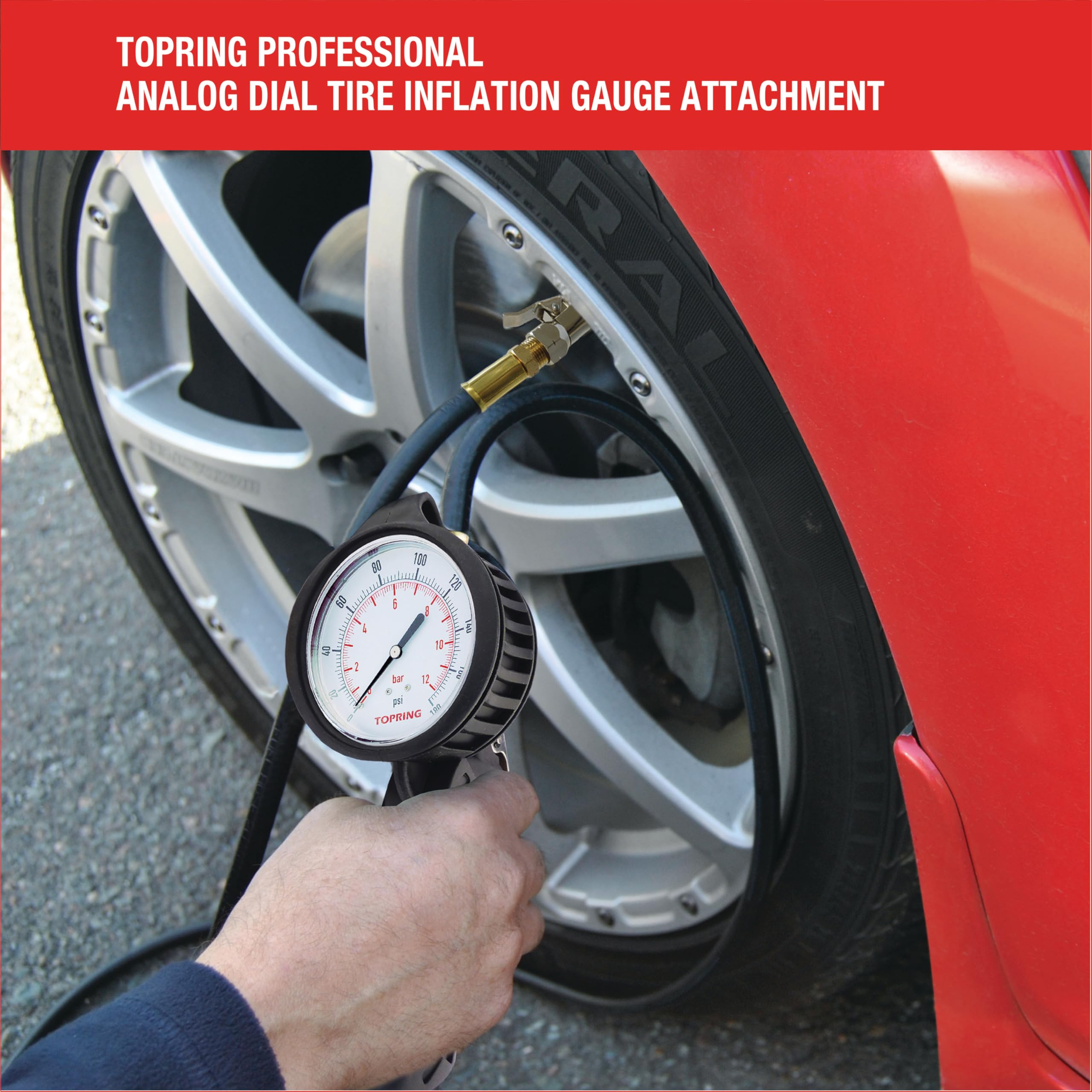 TOPRING 63.683 Professional High-Pressure Tire Inflator Gauge with Pistol Grip - 0-180 PSI Analog Dial, 39