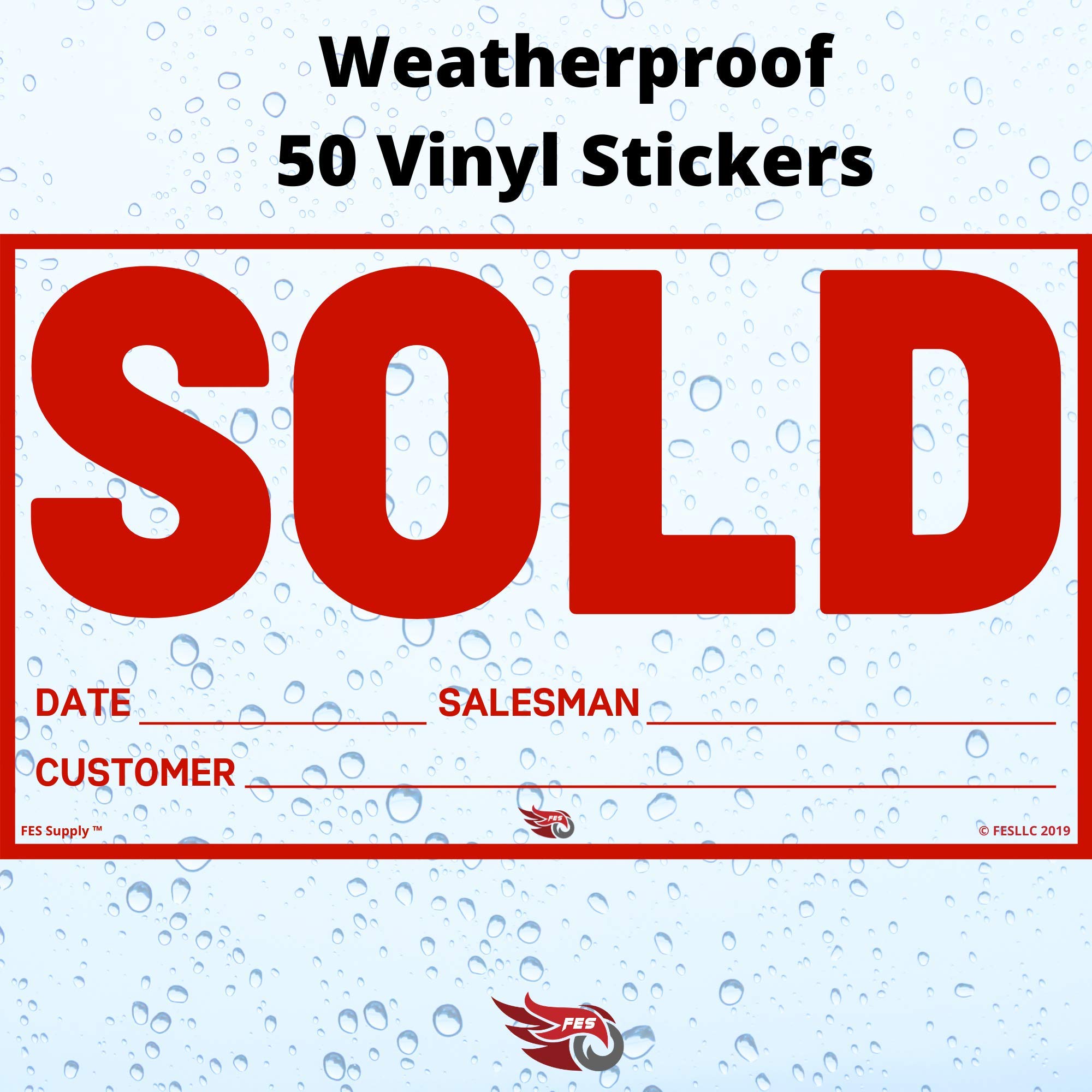FES Auto Sold Stickers - Red (50 Pack) - Premium Vinyl Decals for Car & Truck Dealers - Waterproof & Durable Vehicle Success Stickers - Perfect for Dealerships, Auto Shows & Sales Events