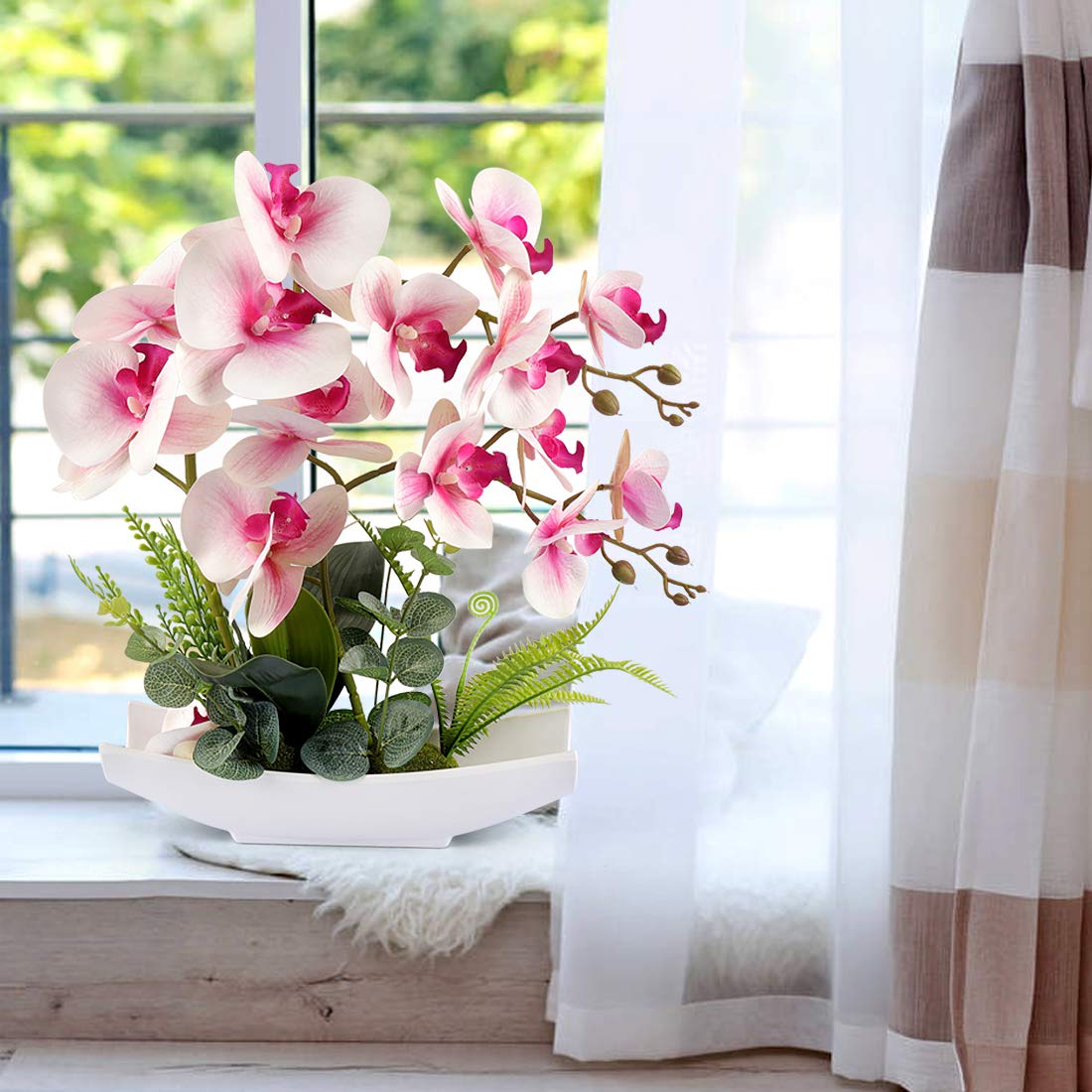 YOBANSA Real Touch Silk Orchid Bonsai - Artificial Flowers in Pot, Fake Flower Arrangement for Home Decor (Pink) | Perfect for Living Room, Office Desk & Wedding Centerpiece Decorations