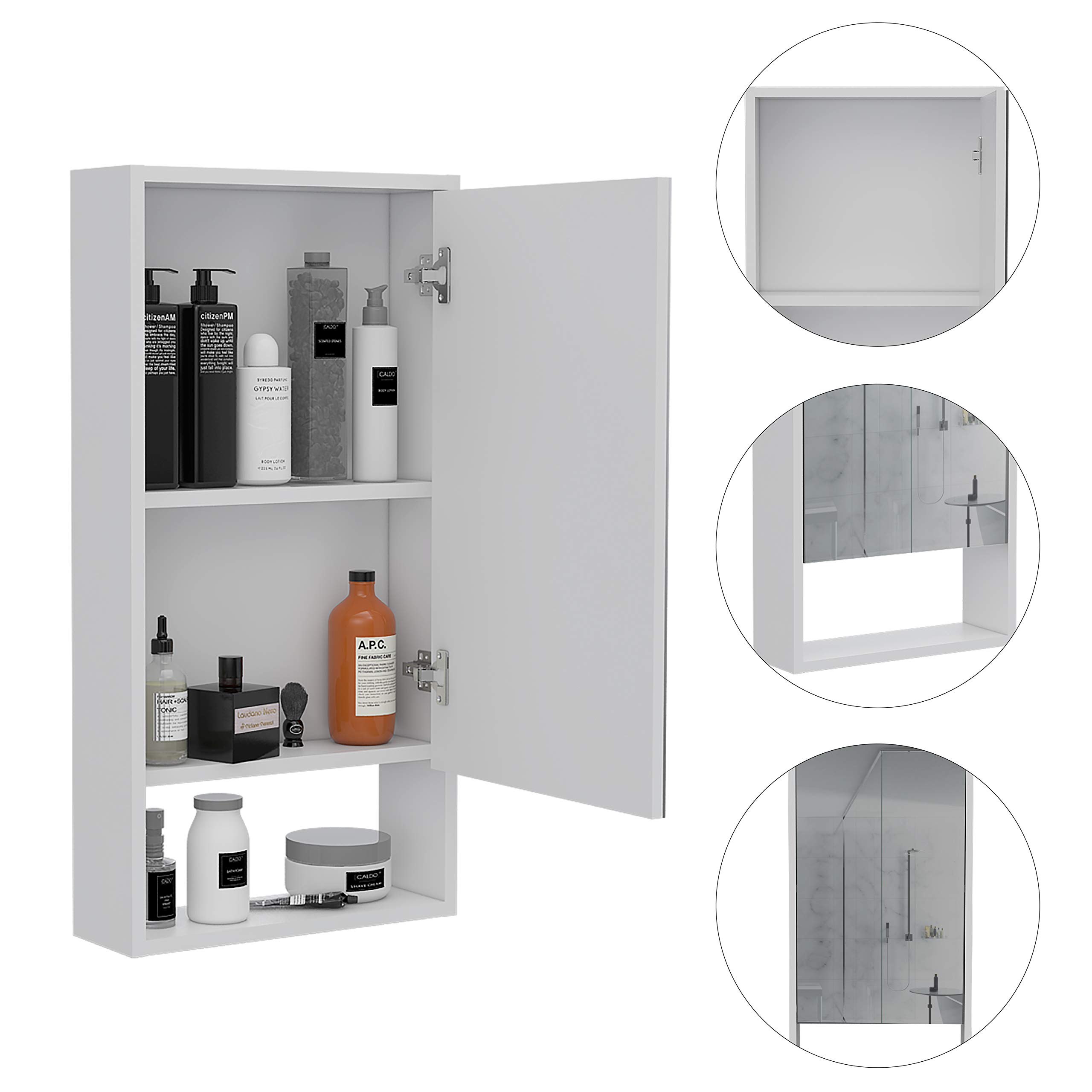 White Modern Medicine Cabinet with Open Shelf & Mirrored Door - 2 Interior Shelves for Bathroom Storage - Perfect for Small Bathrooms, Vanities & Apartment Living