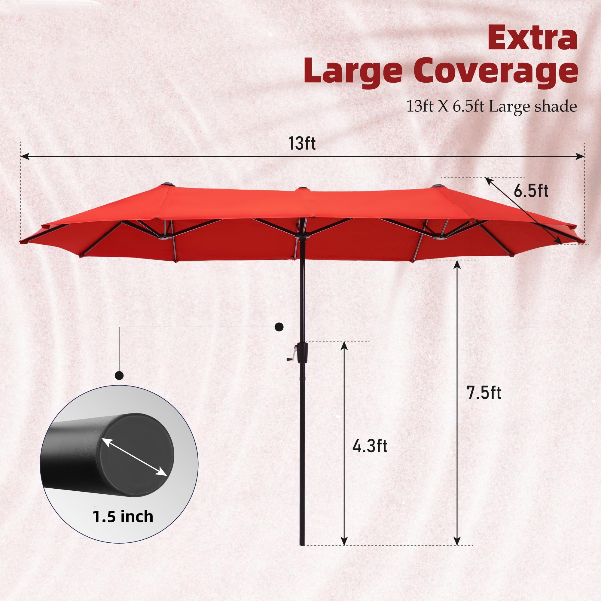 PHI VILLA 13 ft Outdoor Patio Umbrella - Large Rectangular Double-Sided Market Umbrella with Crank Handle for Deck, Pool, Garden & Backyard - Perfect for Outdoor Dining, Lounging & Shade Protection