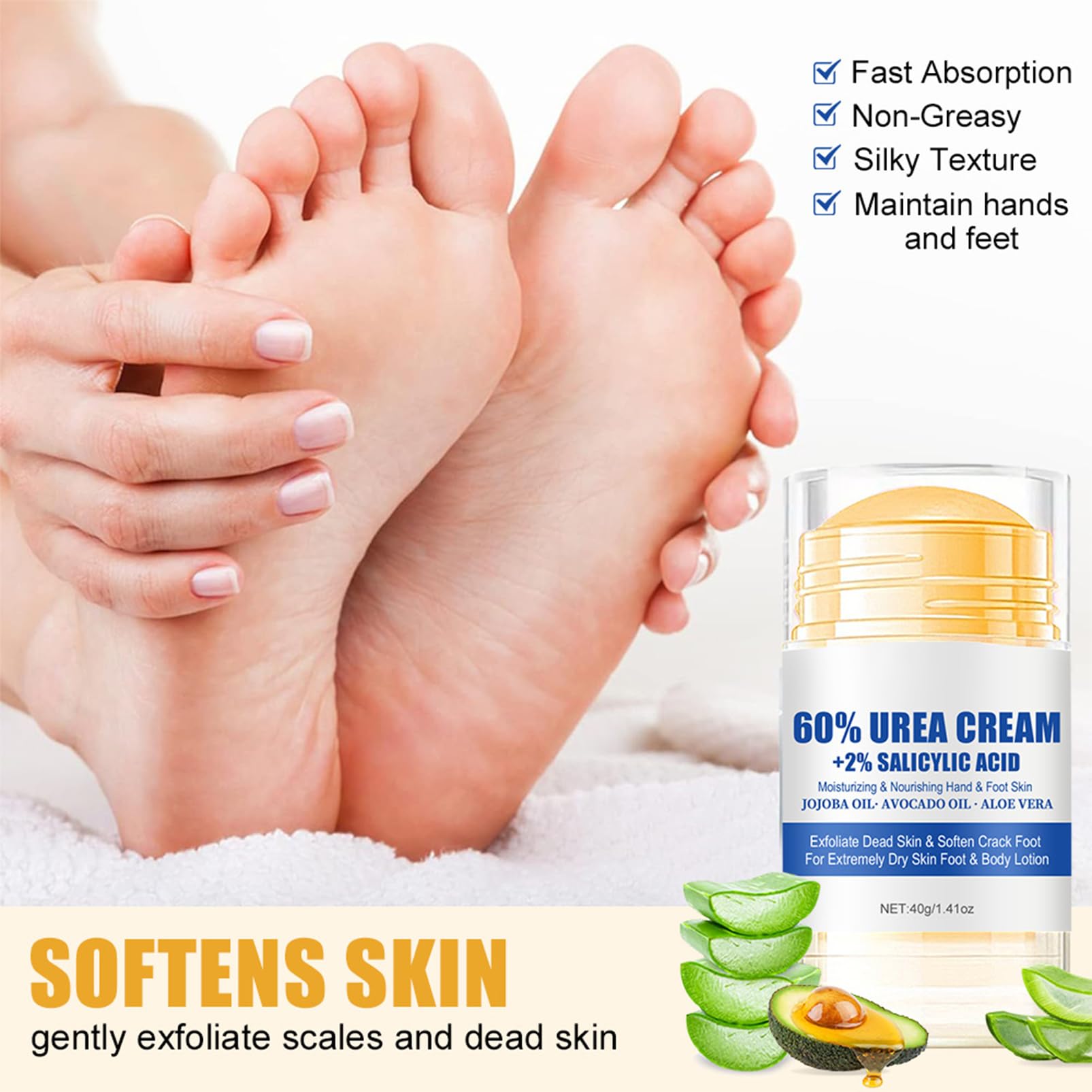 60% Urea + 2% Salicylic Acid Foot Cream for Dry Cracked Heels - Intense Moisturizing Treatment for Feet, Hands, Knees & Elbows - With Aloe Vera & Beeswax - 1.41oz Heel Balm Stick - Perfect for Cracked Skin Repair & Daily Foot Care